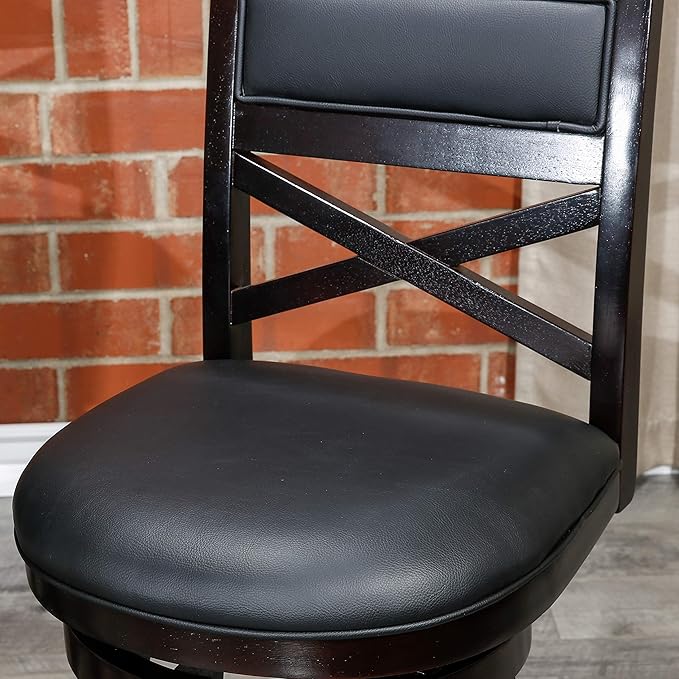 DTY Indoor Living Meeker 24 Inch Counter Height Bar Stools with Backs - Wooden Swivel Counter Stools for Kitchen Island - Black Leather Seat, Solid Wood Frame, Espresso Finish