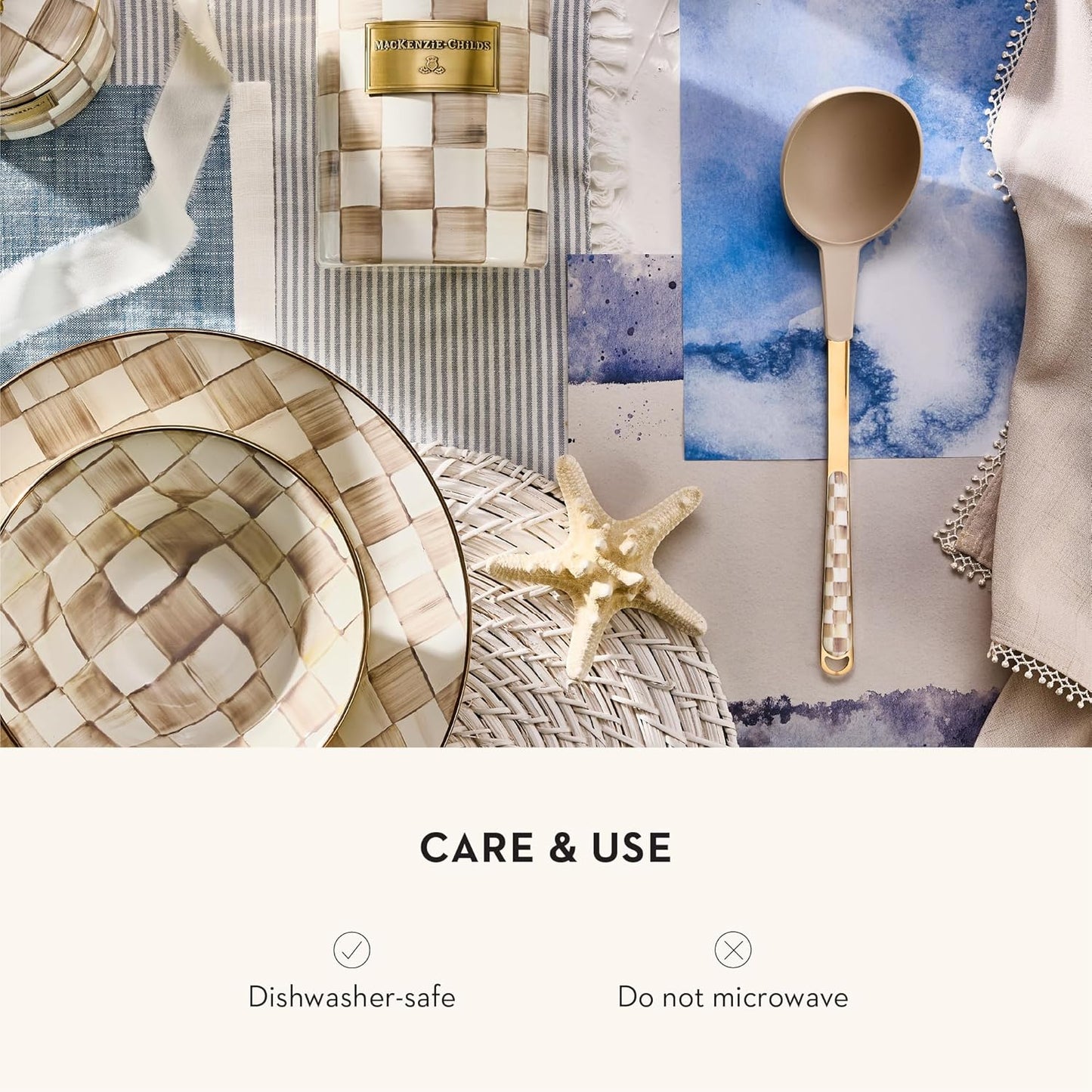 MACKENZIE-CHILDS Kitchen Ladle, Silicone Ladle Spoon for Cooking, Brown-and-White Mocha Check