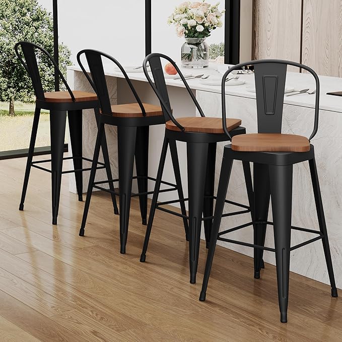 Aklaus Swivel Metal Bar Stools 24 inch Swivel Counter Height Barstools Set of 2 Modern Farmhouse Bar Chairs with High Backs and Large Wooden Seat for Kitchen Island Dining Room Matte Black