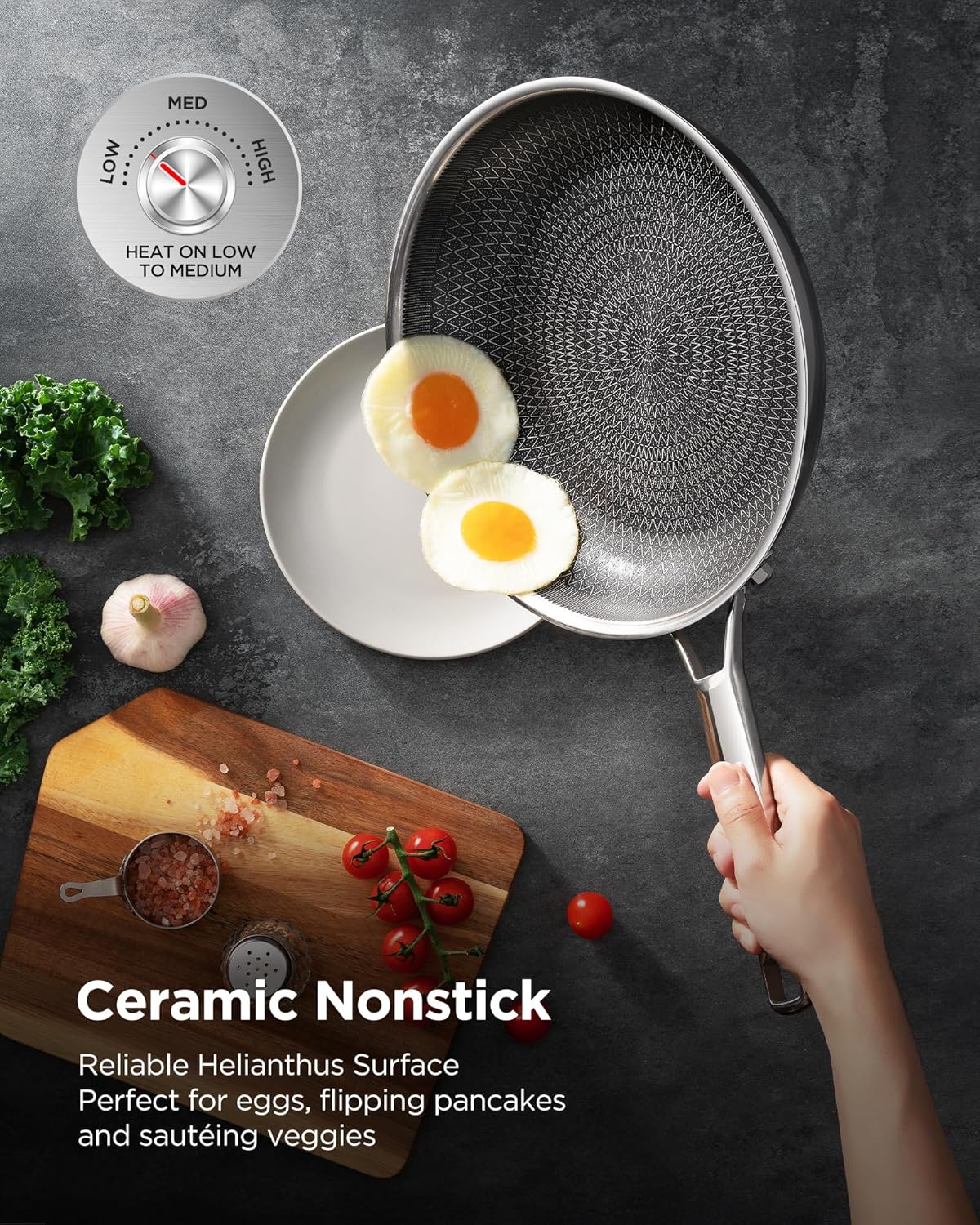 Non Stick Frying Pans Hybrid Ceramic, 12 Inch Tri-Ply Stainless Steel Skillet, Non-Toxic, PFAS/PFOA/PTFE Free, Metal Utensil Safe, Dishwasher & Oven Safe, Induction Compatible