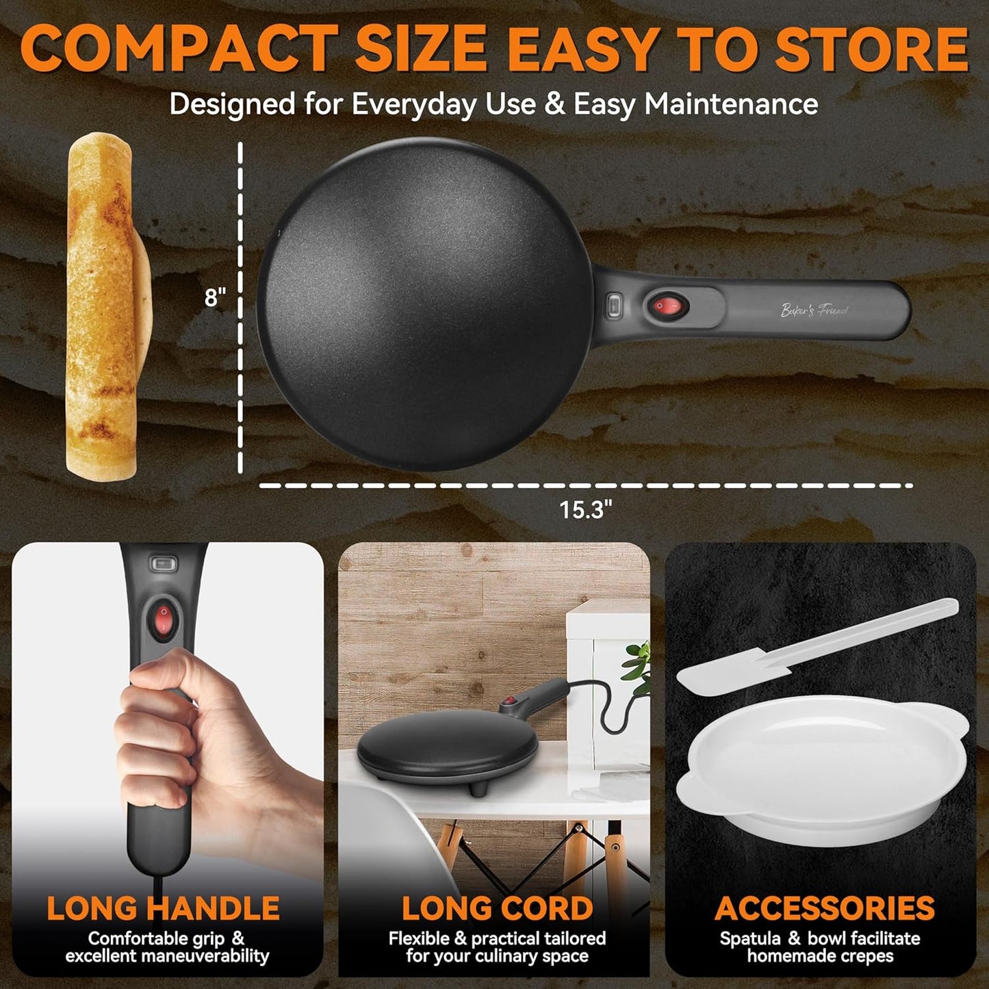 Baker's Friend Crepe Maker Machine with Auto Power Off, Portable Crepe Maker with Non Stick Dipping Plate, Automatic Temperature Control, Graphite