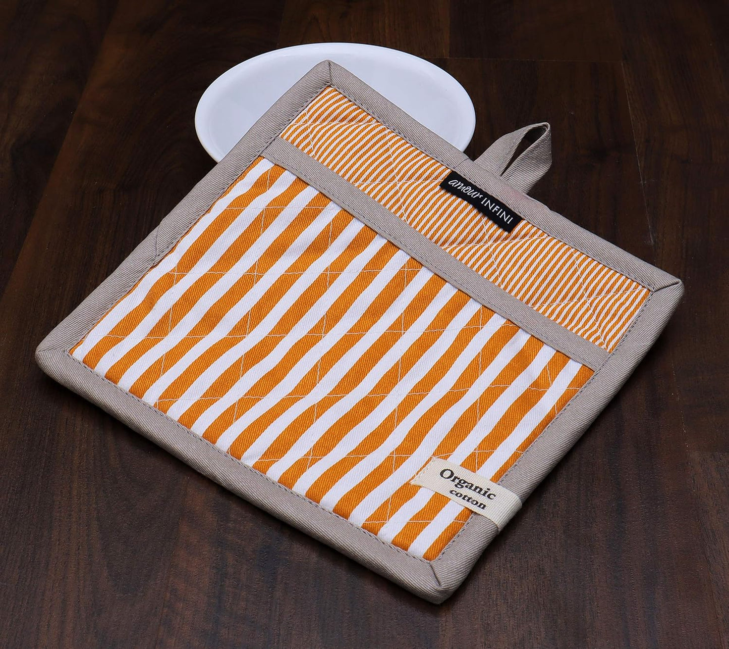 AMOUR INFINI Pot Holders Heat Resistant Cotton Set of 3 Nonslip 8"x8" Inch Hot Pads for Kitchen, BBQ, Baking & Cooking with Hanging Loops (Stripe Yellow)