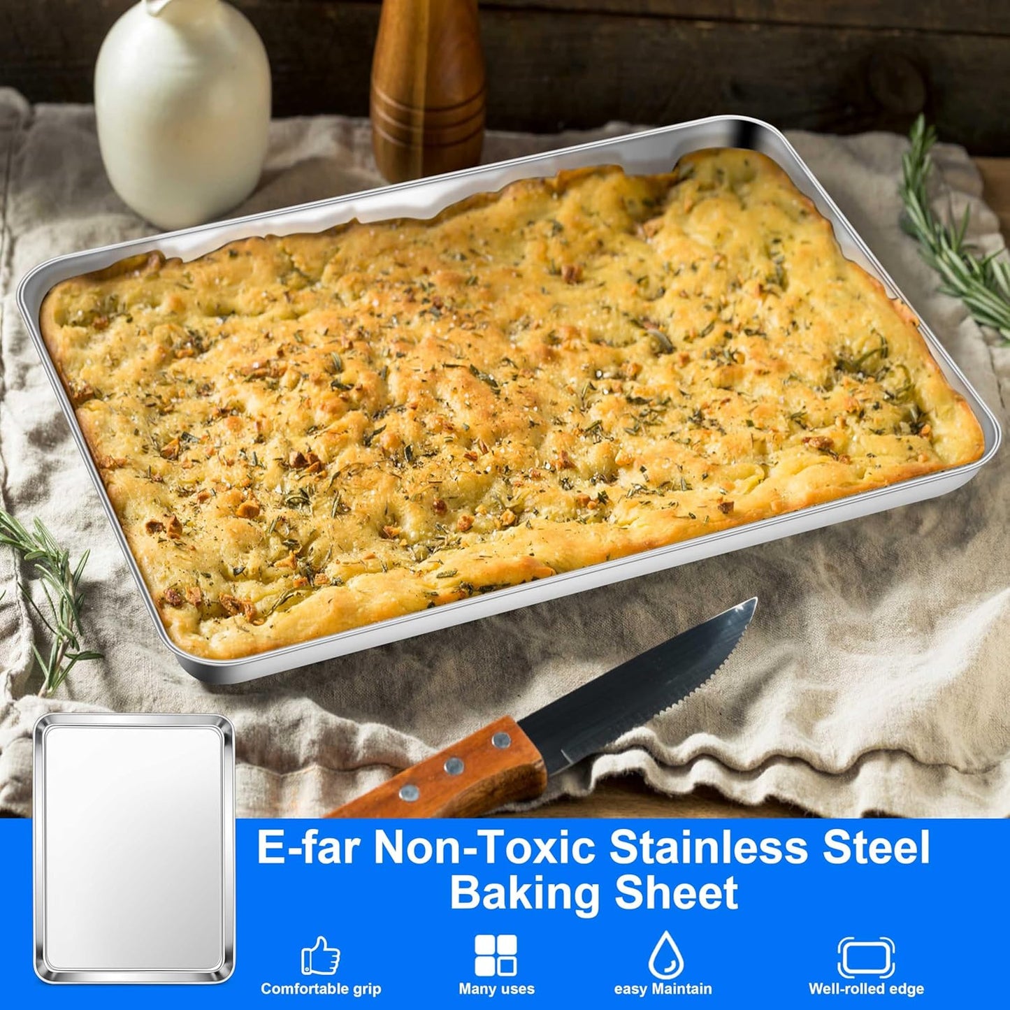 E-far Large Baking Sheets Set of 4, 20”x14” Stainless Steel Cookie Sheet Pans for Oven, Non Toxic Big Metal Baking Tray for Cake Cookies, Healthy & Rust Free, Mirror Finish & Dishwasher Safe