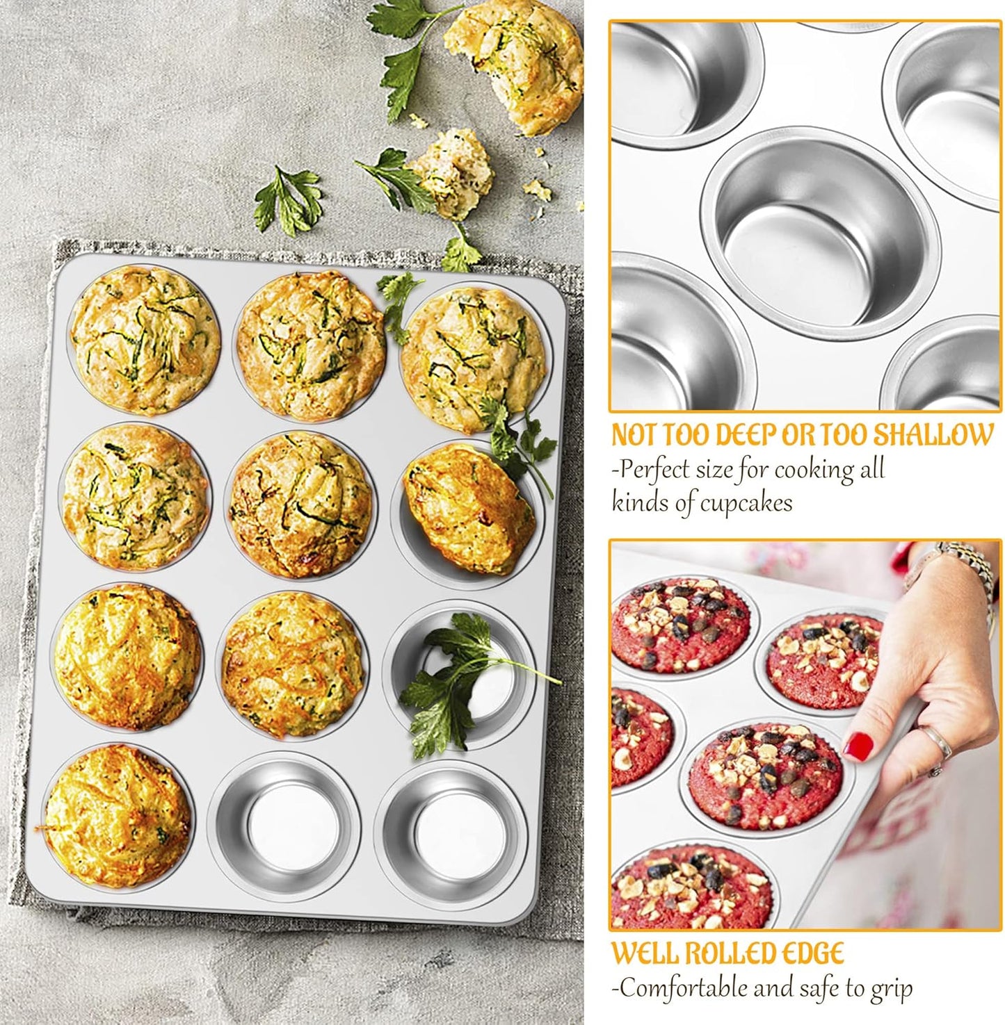 E-far 12-Cup Muffin Pan Set of 3, Stainless Steel Cupcake Pan Tins, Non-Toxic Metal Cupcake Tray for Baking Small Muffin Cakes, Heavy Duty & Regular Size, Rust Free & Dishwasher Safe