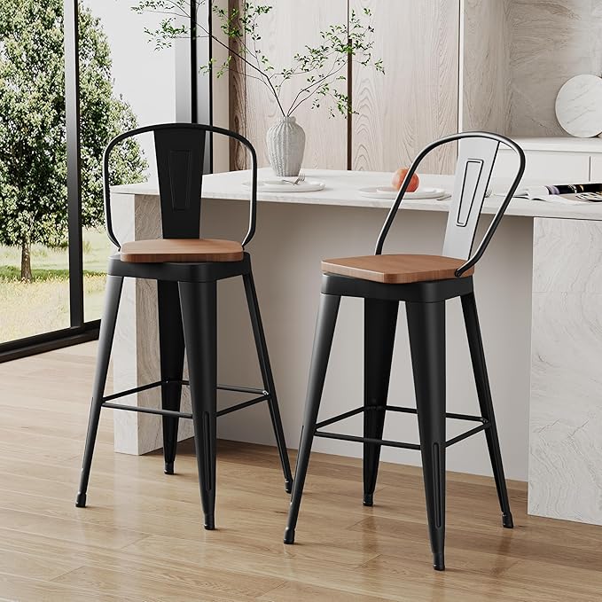 Aklaus Swivel Metal Bar Stools 24 inch Swivel Counter Height Barstools Set of 2 Modern Farmhouse Bar Chairs with High Backs and Large Wooden Seat for Kitchen Island Dining Room Matte Black