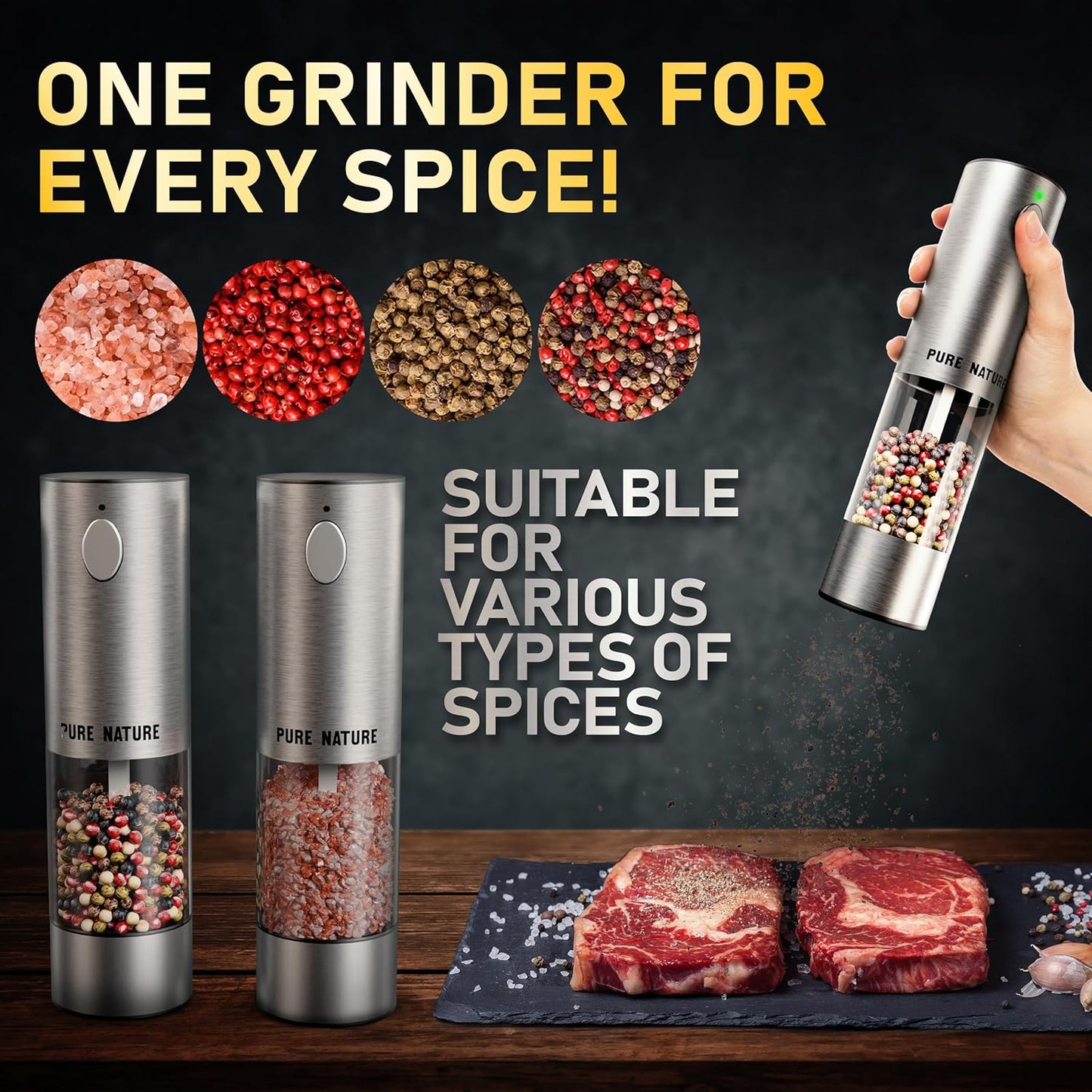 Pure Nature Electric Rechargeable Salt and Pepper Grinder Set with tray: Premium quality with upgraded larger capacity and LED Lights, 5 Adjustable Coarseness, Refillable, Type-C Fast Charging.