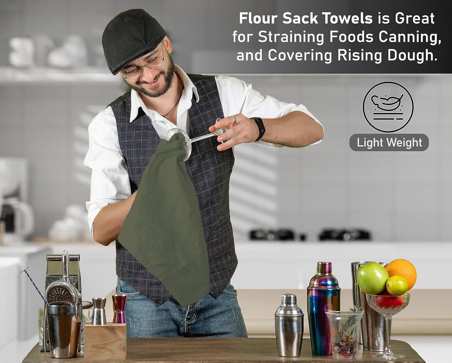 RUVANTI Flour Sack Towels 36 Pack 28x28 Inch, 100% Cotton Tea Towel, Reusable, Machine Washable, Absorbent BarTowels - Dish Cloth Perfect for Drying Dishes & Cleaning - Martini Olive