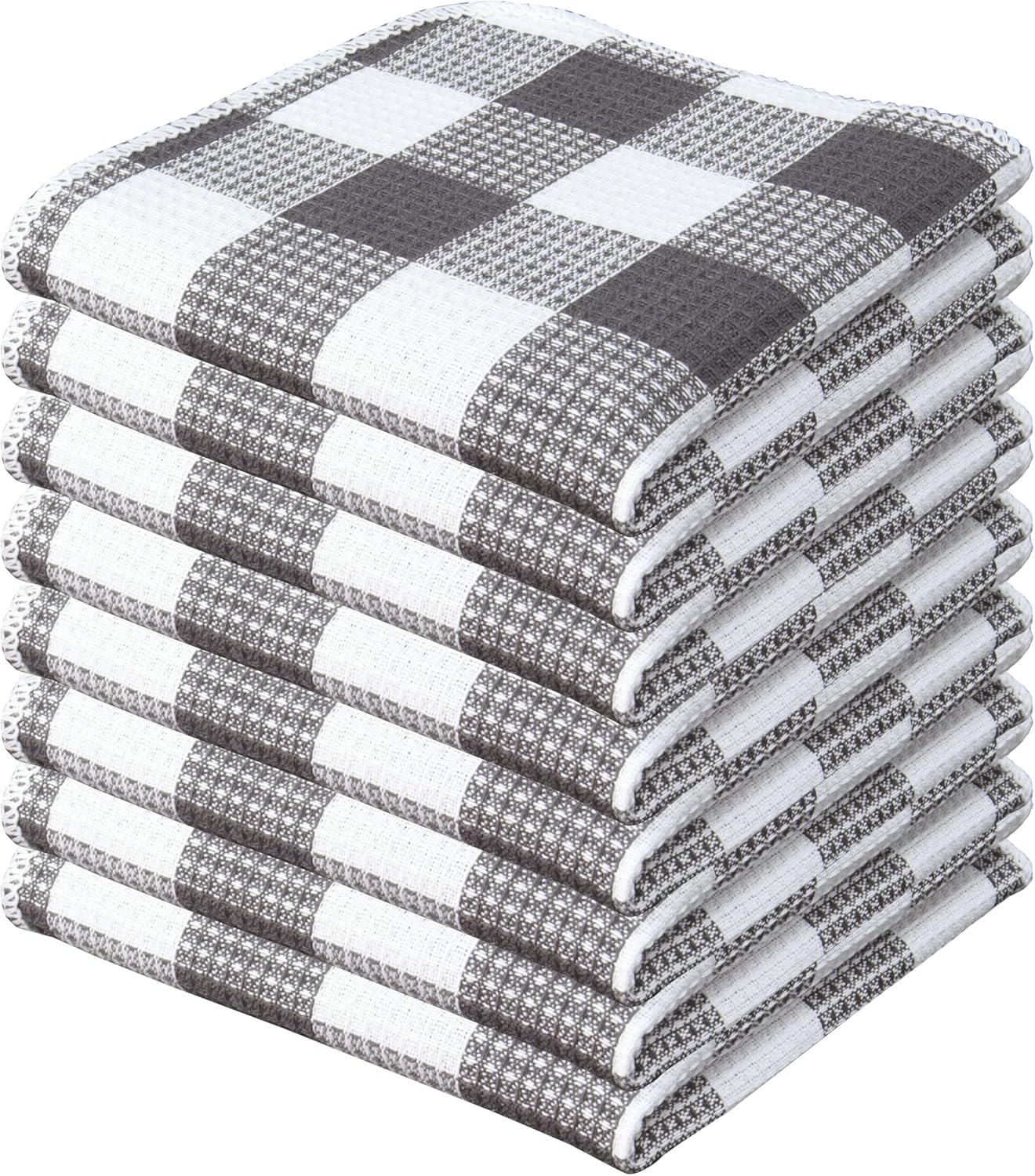 Waffle Weave Plaid Dish Cloths, 100% Cotton - 12 x 12 Inches, Ultra Soft Absorbent Quick Drying Dish Towels Buffalo Check Dish Rags for Kitchen, 8 Pack - Spring Summer - Steel Grey & White