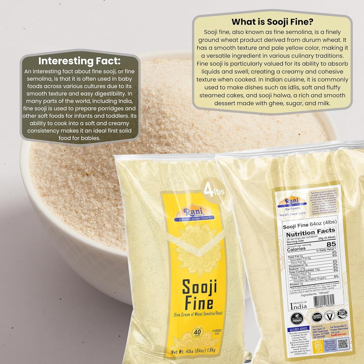 Rani Sooji Fine (Farina, Suji, Rava, Wheat) Flour 64oz (4lbs) 1.81kg Bulk ~ All Natural | Vegan | NON-GMO | Kosher | Indian Origin