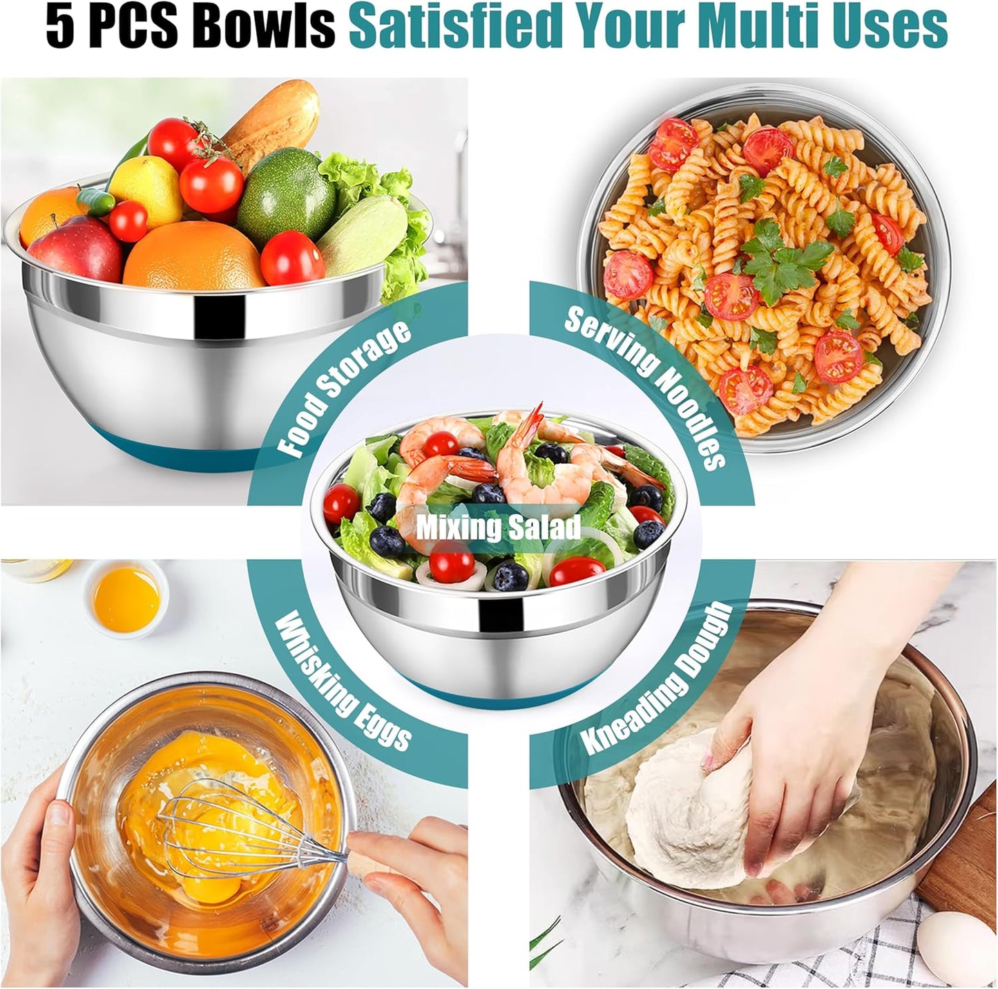 P&P CHEF Mixing Bowl with Lid Set, 5 Piece Stainless Steel Mixing Nesting Bowls for Salad Storage, 3 Grater Attachments & Non-Slip Bottoms, Size 1/1.5/2 / 2.6/4.6 QT, Blue