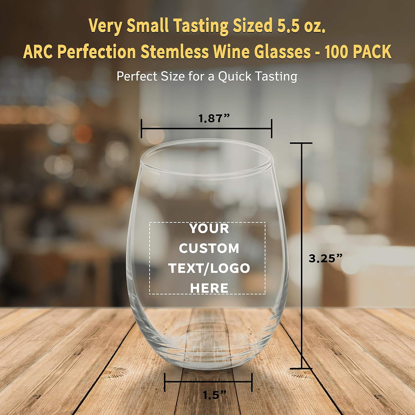Custom Stemless Wine Glasses by ARC 5.5 oz. Set of 100, Personalized Bulk Pack - Perfect for Hotel, Bar, Restaurant or Lounge - Clear