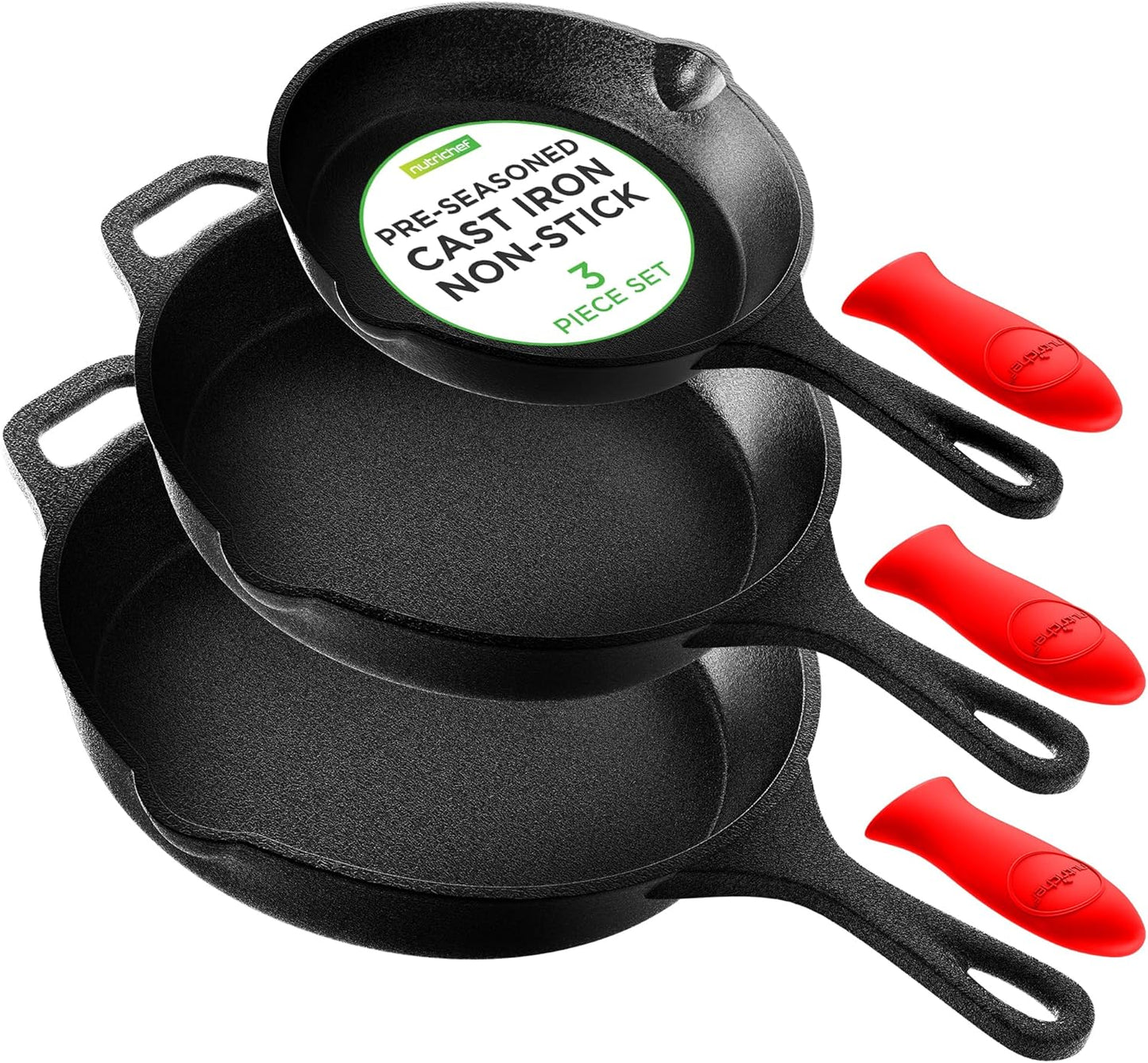 NutriChef 3pc Cast Iron Skillet Set - Nonstick Pans with Drip Spout, Silicone Handles, For All Cooktops