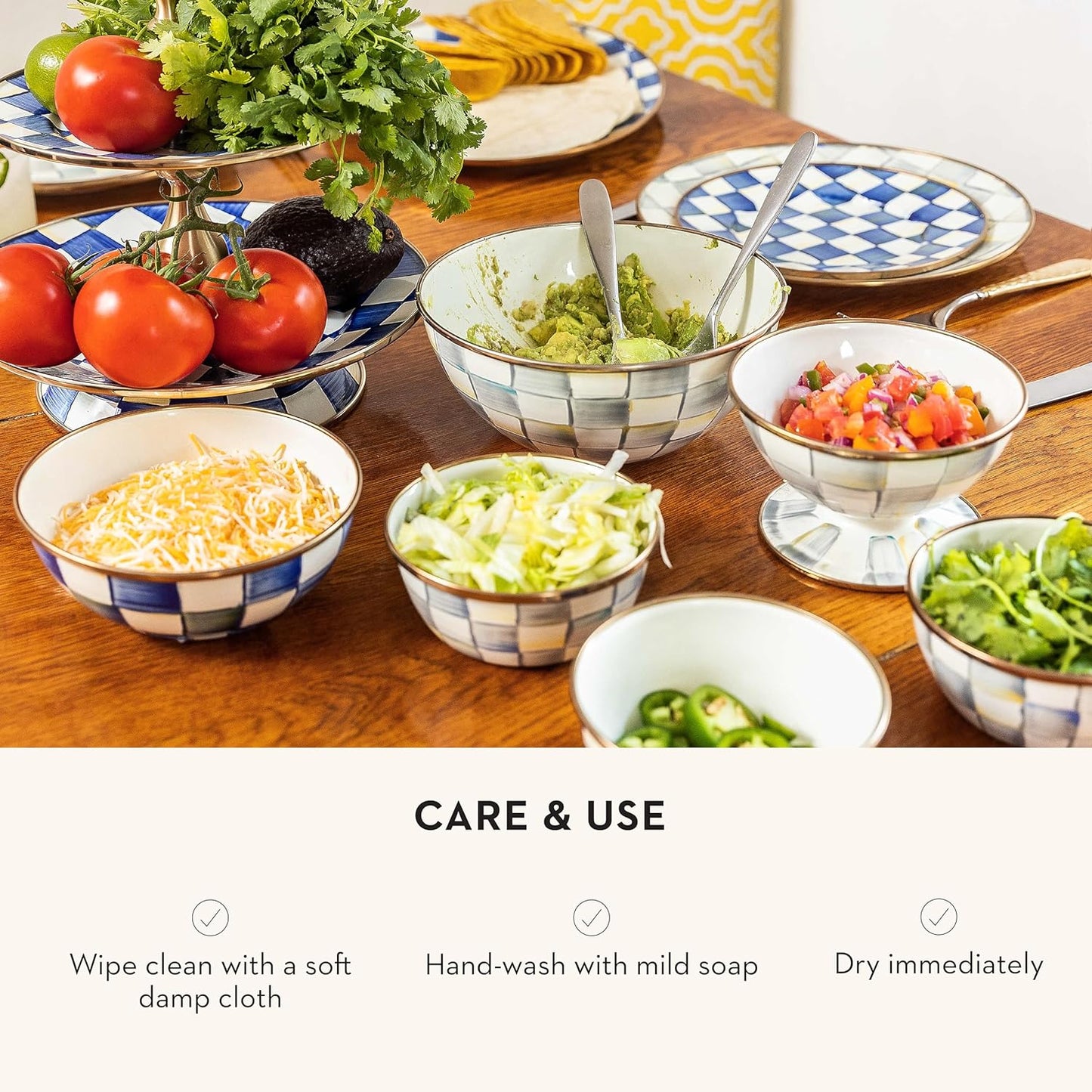 MACKENZIE-CHILDS Enamel Ice Cream Bowl, Serving Bowls for Entertaining, 2-Cup Capacity, Gray-and-White Sterling Check