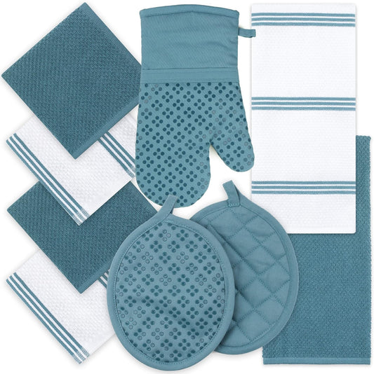Sticky Toffee 9-Piece Kitchen Set – Blue 100% Cotton Terry Dish Towels, Dishcloths, Oven Mitts, and Pot Holders with Non-Slip Silicone, Oeko-Tex Certified