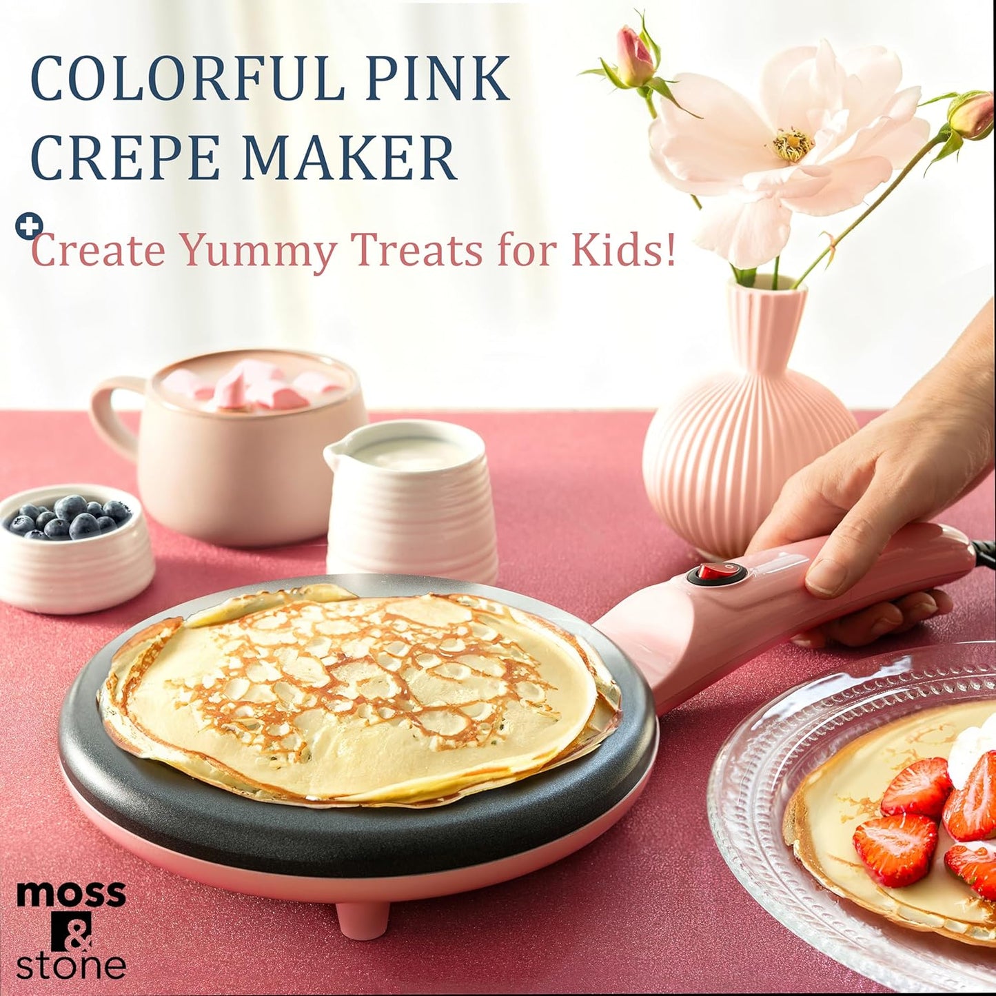 Moss & Stone Pink Electric Crepe Maker 8 Inch, Portable Crepe Maker & Hot Plate Cooktop On/Off Switch, Nonstick Coating, Automatic Temperature Control, Easy To Use For Pancakes, Blintz
