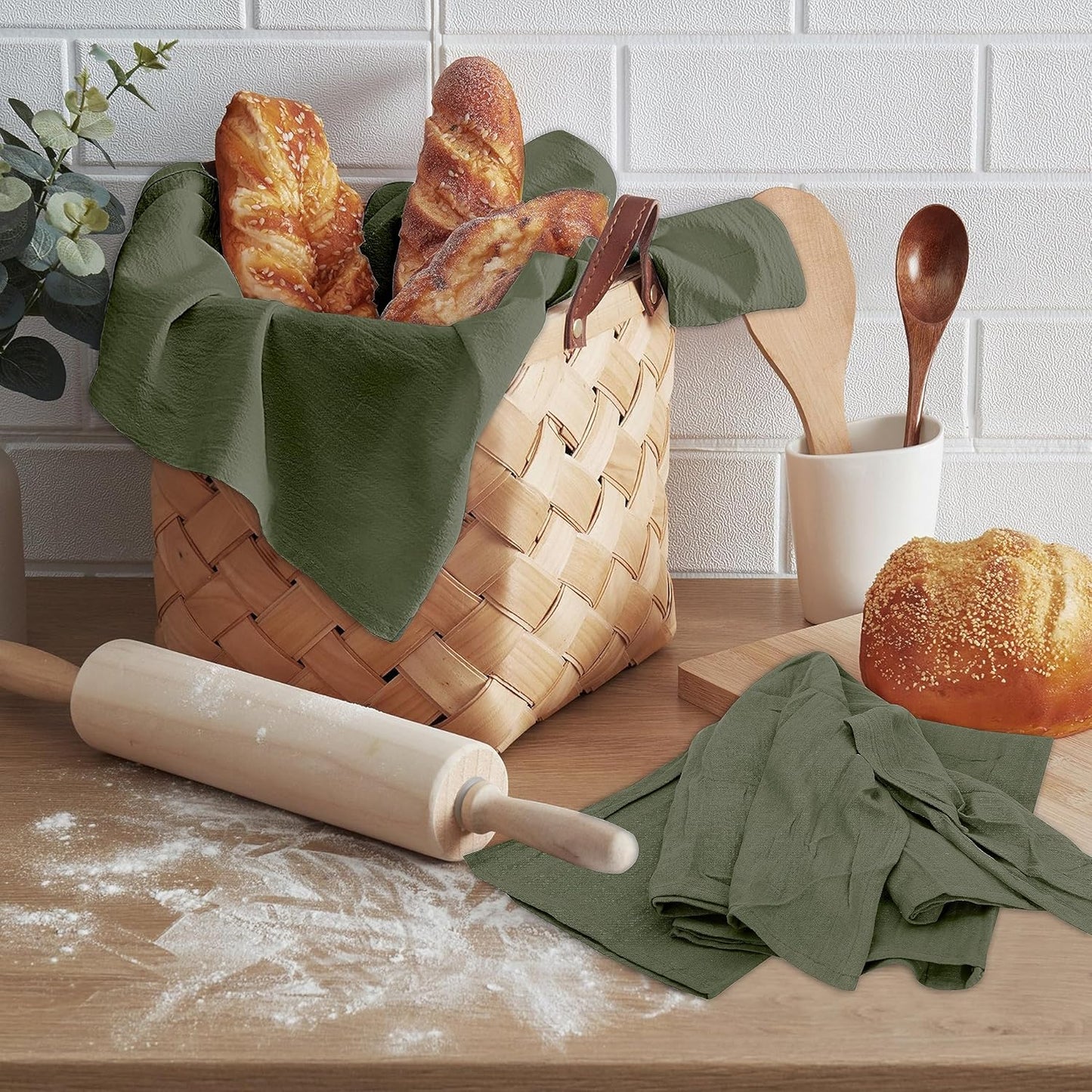 RUVANTI Flour Sack Towels 4 Pack 28x28 Inch, 100% Cotton Tea Towel, Reusable, Machine Washable, Absorbent BarTowels - Dish Cloth Perfect for Drying Dishes & Cleaning - Martini Olive