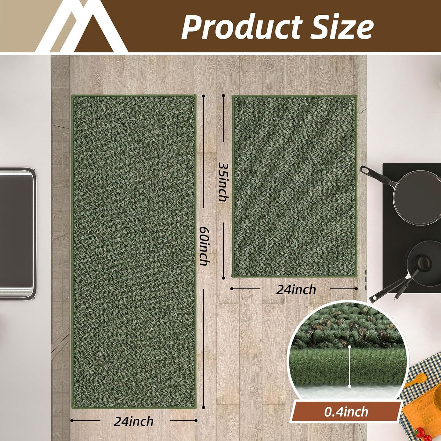 COSY HOMEER Kitchen Rugs Non Slip Washable 24"x36"+24"x60" Absorbent Kitchen Mats for Floor Stain Resistant Kitchen Runner Rug Sets of 2 Kitchen Floor Mats for Sink,Green
