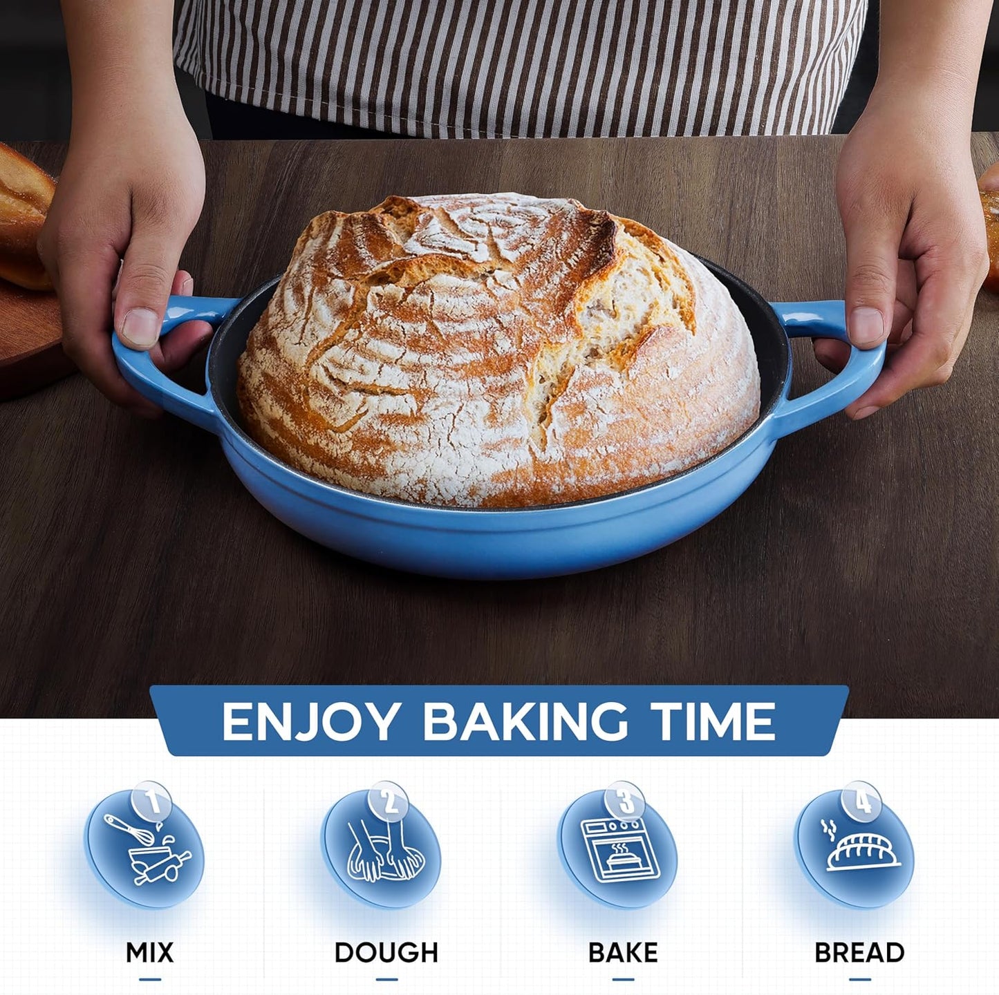 E-far Dutch Oven for Sourdough Bread Baking, 6 Qt Round Enameled Cast Iron Dutch Oven for Homemade Artisan Bread, Dome Lid & Shallow Base, Matte Black Interior & Durable, Oven-Safe to 500℉, Blue