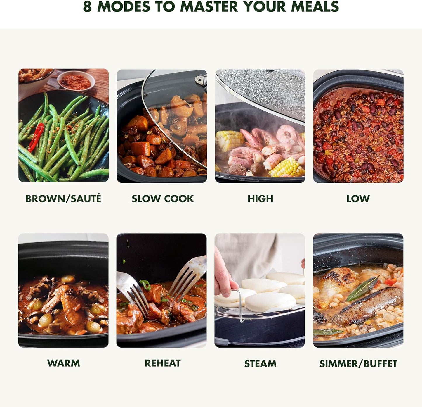 GreenPan Elite 8-in-1 Programmable 6QT Electric Slow Cooker, Dishwasher Safe Lid & Removable Crock, PFAS-Free Healthy Ceramic Nonstick Multi-Cooker, Sear, Sauté, Brown, Steam Basket, Roast, White