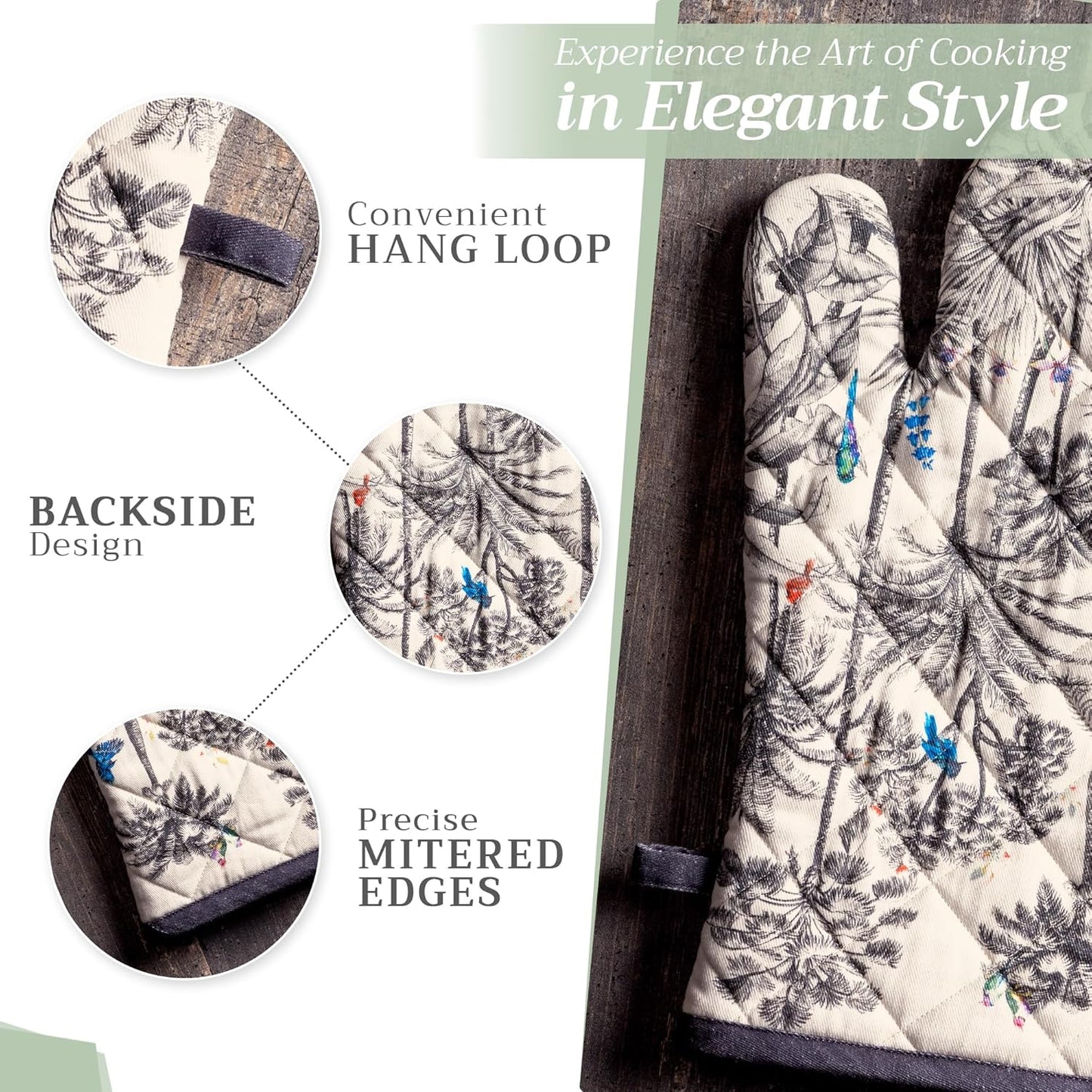 Maison d' Hermine 100% Cotton Oven Mitt & Pot Holder Set (7.5"x13" & 8"x8") Heat Resistant BBQ Cooking Gloves with Loop, Baking, Grilling, Kitchen, Handling Hot Pans (Amazonia)