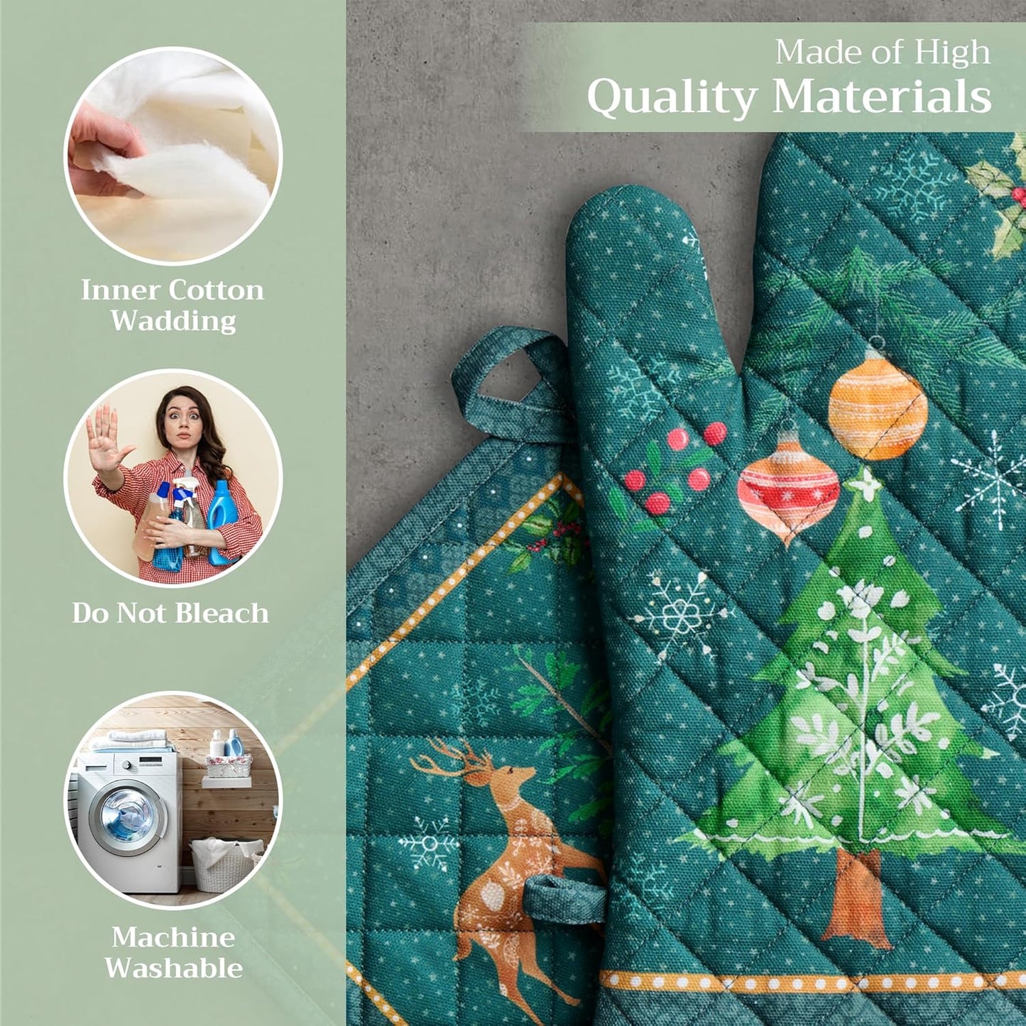 Maison d' Hermine 100% Cotton Oven Mitt & Pot Holder Set (7.5"x13" & 8"x8") Heat Resistant BBQ Cooking Gloves with Loop, Baking, Grilling, Kitchen, Handling Hot Pans (Hygge Christmas)