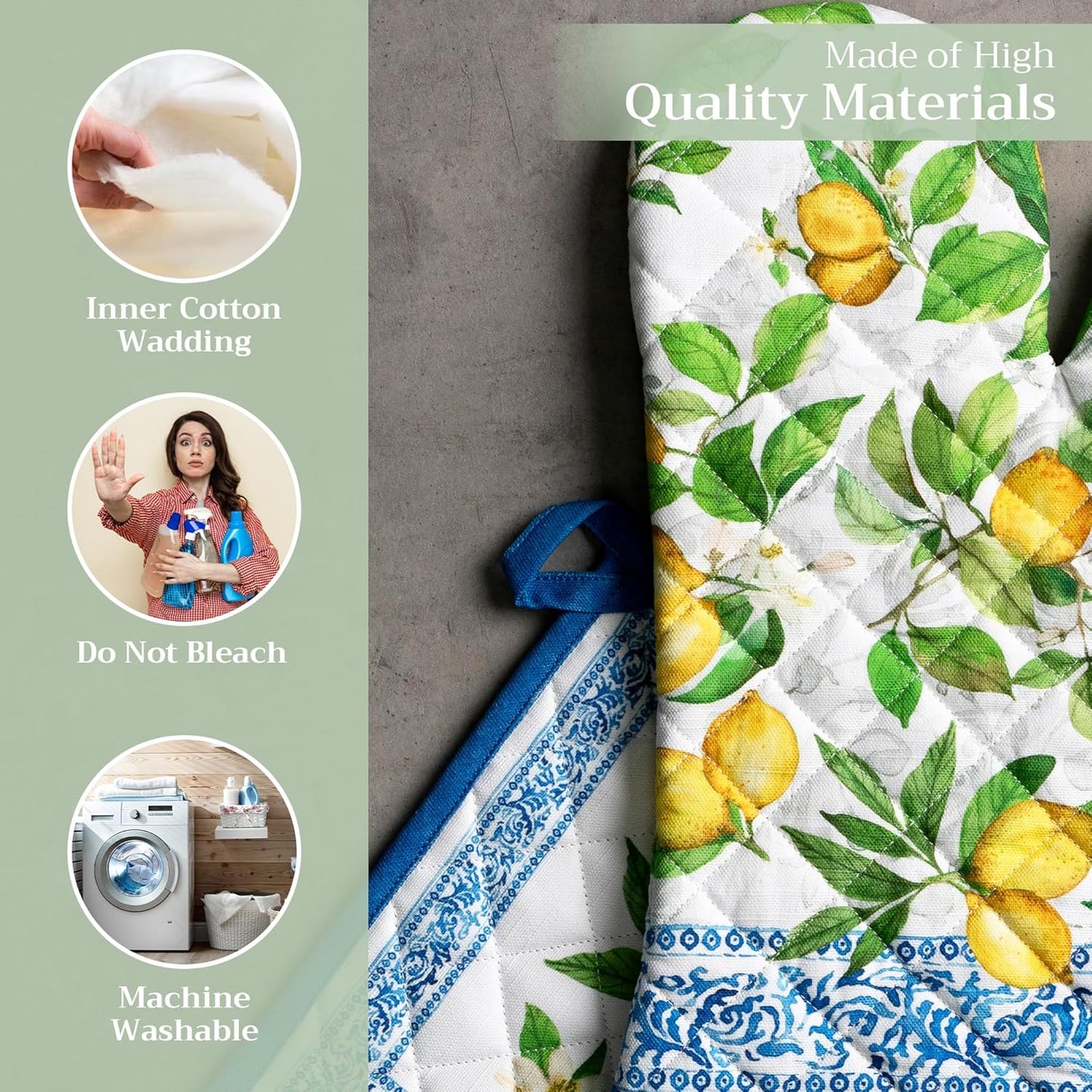 Maison d' Hermine 100% Cotton Oven Mitt & Pot Holder Set (7.5"x13" & 8"x8") Heat Resistant BBQ Cooking Gloves with Loop, Baking, Grilling, Kitchen, Handling Hot Pans Spring/Summer (Cedrat)