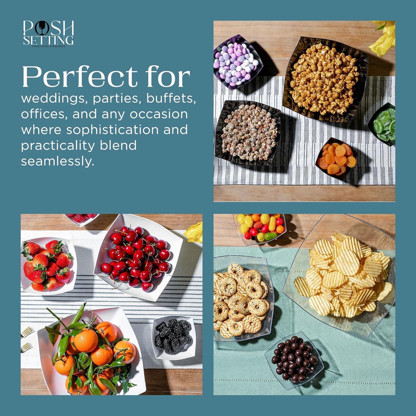 Posh Setting White Plastic Serving Bowls Disposable - Square Bowls - Square Candy Bowl - Plastic Snacks & Chip Bowls for Parties - White, Gold & Clear, Black Serving Dishes, 64 OZ, 4 Pack