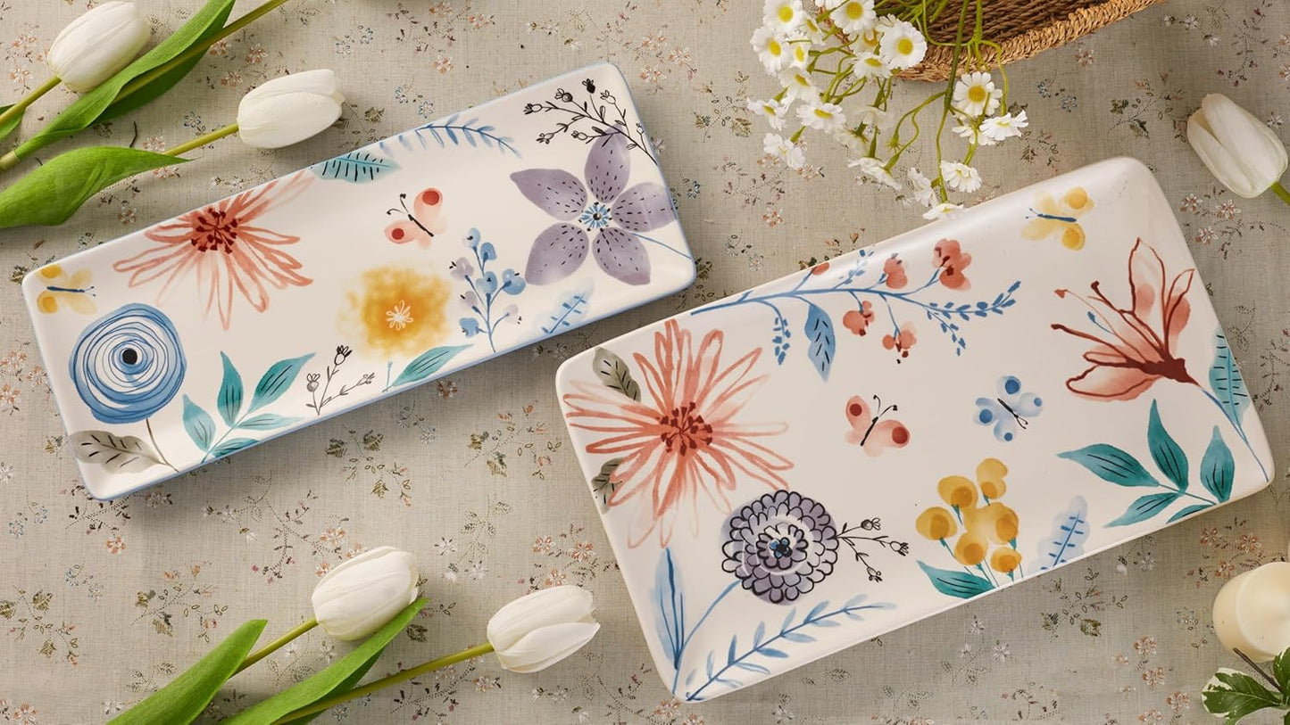 Bico Blossom Symphony Ceramic 14 inch Rectangular Serving Platter, Set of 2, for Serving Salad, Pasta, Cheese, Ham, Appetizer, Microwave & Dishwasher Safe