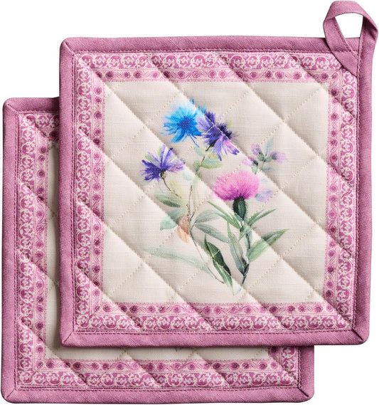 Maison d' Hermine Pot Holders Set 100% Cotton Heat Resistant Potholders 8" x 8" Hot Pads with Loop BBQ, Cooking, Baking, Grilling, Kitchen, Handling Hot Pans Spring/Summer (Pack of 2, Chardon)