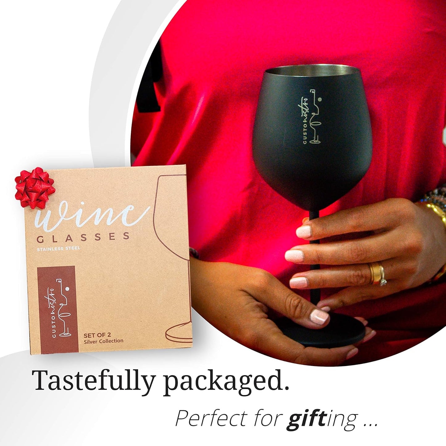 Gusto Nostro Stainless Steel Wine Glass - 18 oz - Unbreakable Black Wine Glasses for Travel, Camping and Pool - Fancy, Unique and Cool Portable Metal Wine Glass for Outdoor Events, Picnics (Set of 4)