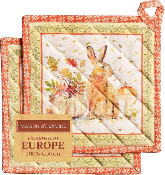 Maison d' Hermine Pot Holders Set 100% Cotton Heat Resistant Potholders 8" x 8" Hot Pads with Loop BBQ, Cooking, Baking, Grilling, Kitchen, Handling Hot Pans (Pack of 2, Pumpkin Passion)