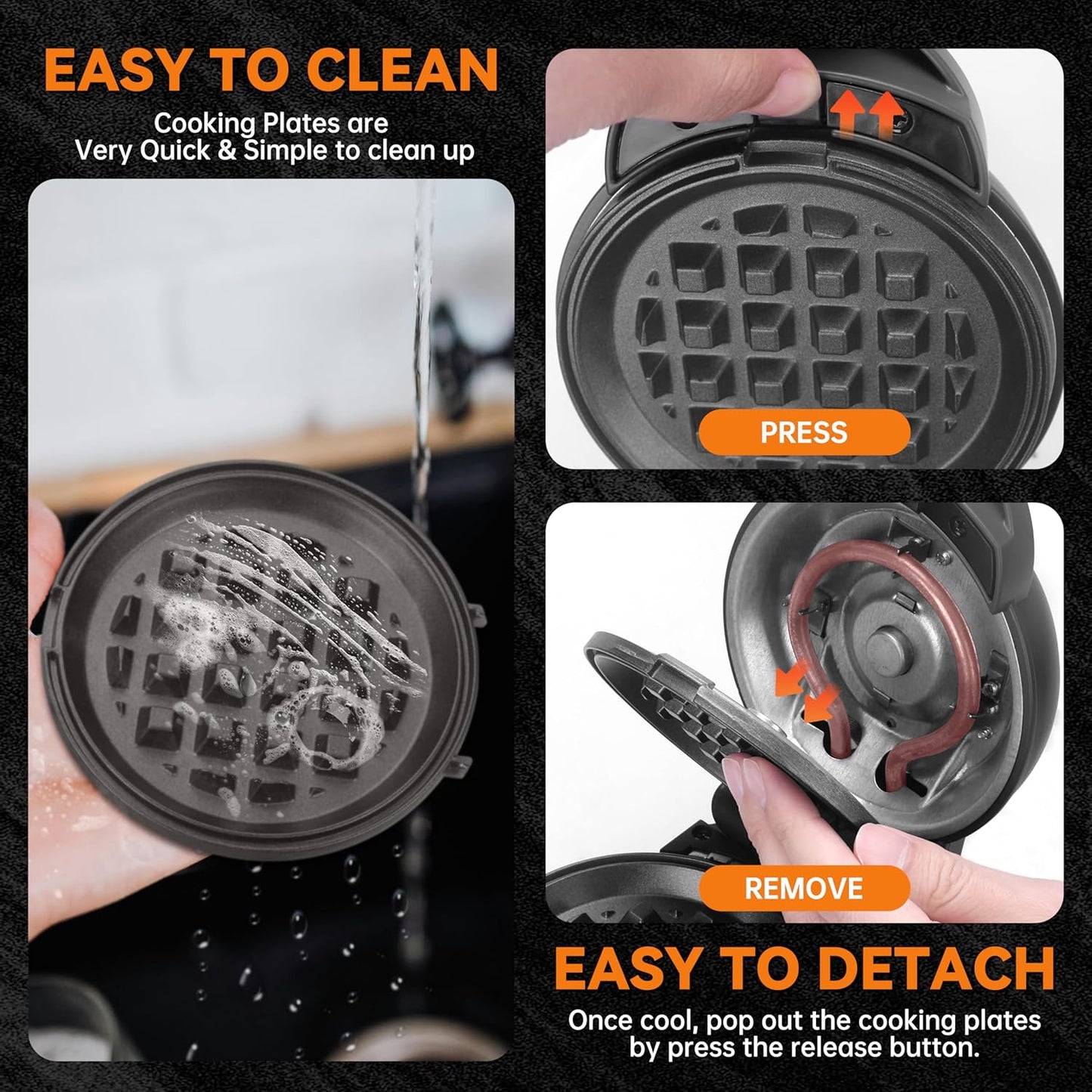 Baker's Friend 4 in 1 Mini Waffle Maker with Removable Plates, A Set of Mini Pancake Maker, Mini Donut Maker, Mini Heart Shape Waffle Maker and Small Waffle Maker, Recipe Included, Graphite, Compact