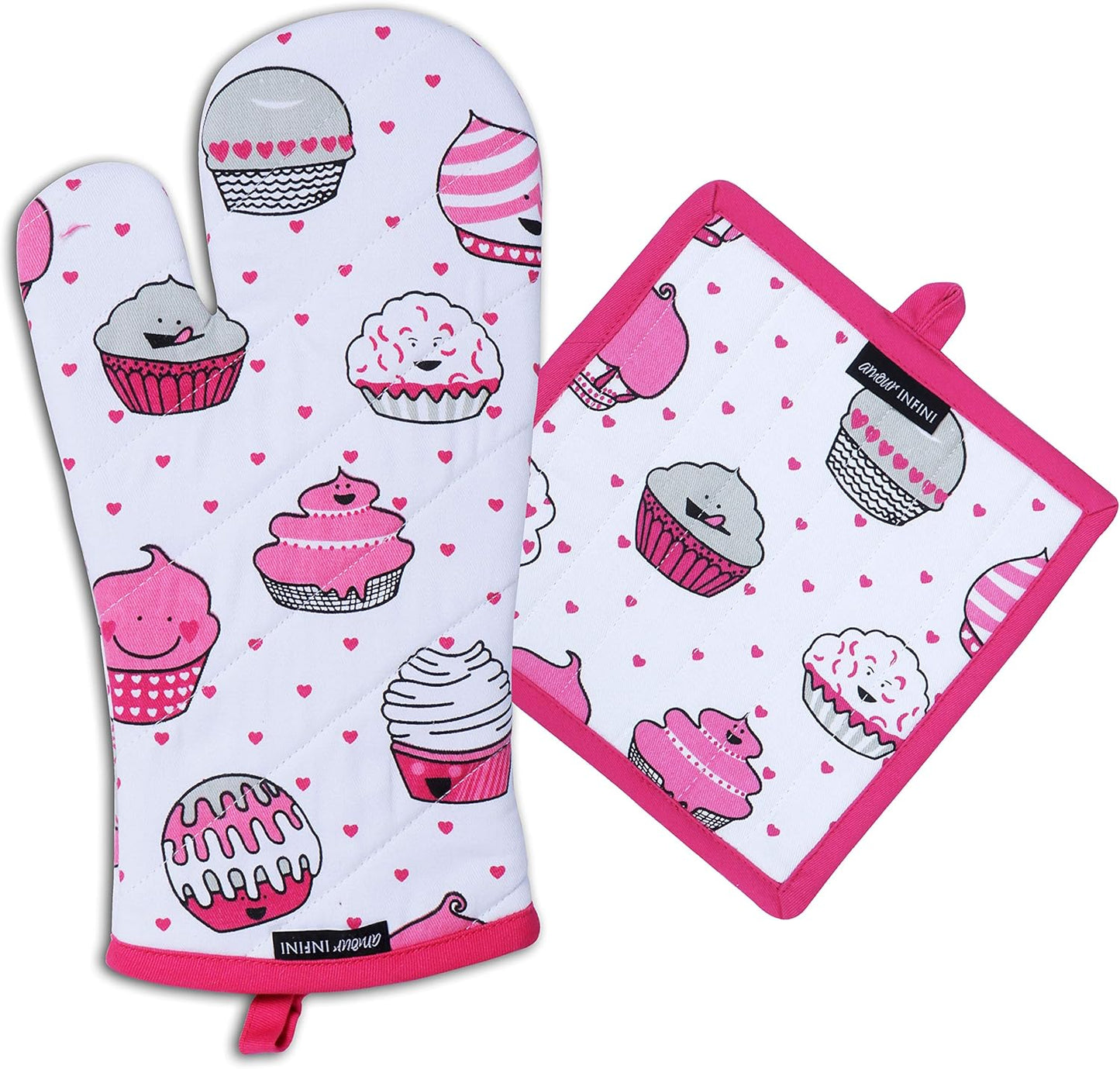 AMOUR INFINI Pot Holders and Oven Mitt Heat Resistant Non Slip Reusable Set of 1 Oven Mitt and 1 Pot Holder Oven Gloves Pot Holder for Cooking