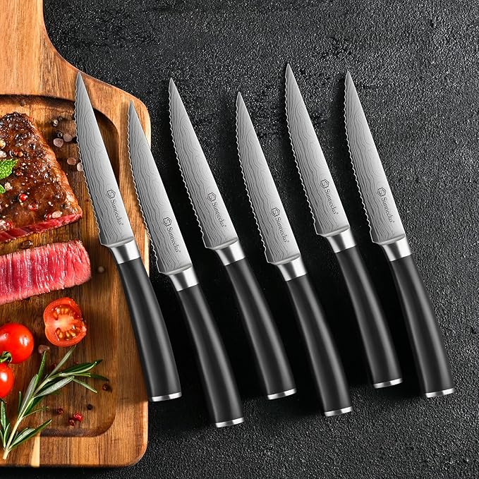 Sunnecko Knife Set with Block and Sharpener, 15 PCS Kitchen Knife Block Set Sharp Kitchen Knives High Carbon Stainless Steel with Black Handles