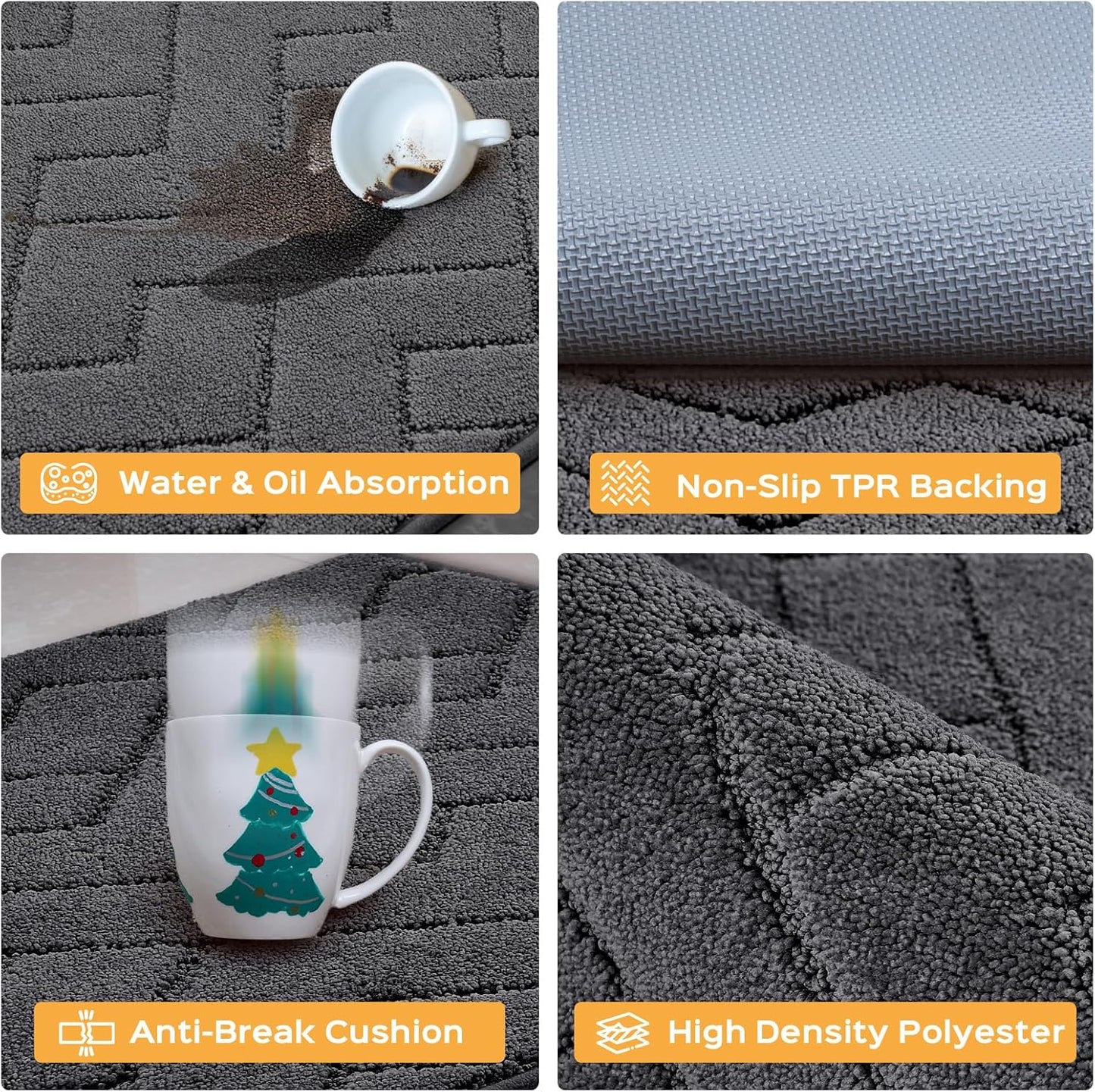 Machine Washable Kitchen Rugs Set (24" x 36"+24" x 60"), Non-Slip Kitchen Runner Rugs Mats for Floor, Absorbent Comfort Standing Mats for Kitchen, Sink and Hallway, Rolled Packaging, Charcoal