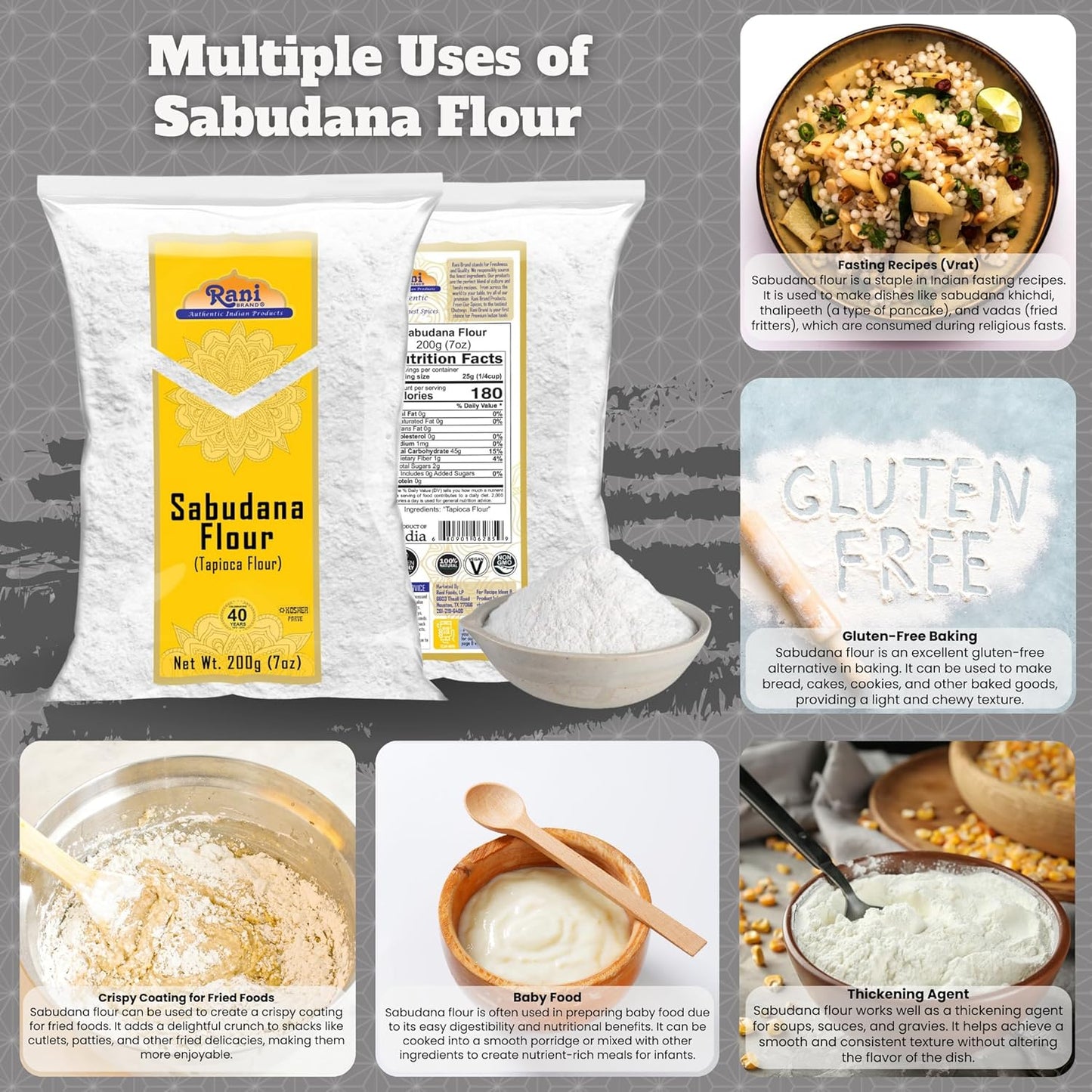 Rani Sabudana Flour (Tapioca/Sago Flour) 7oz (200g) ~ All Natural | Vegan | Gluten Friendly | NON-GMO | Kosher | Indian Origin