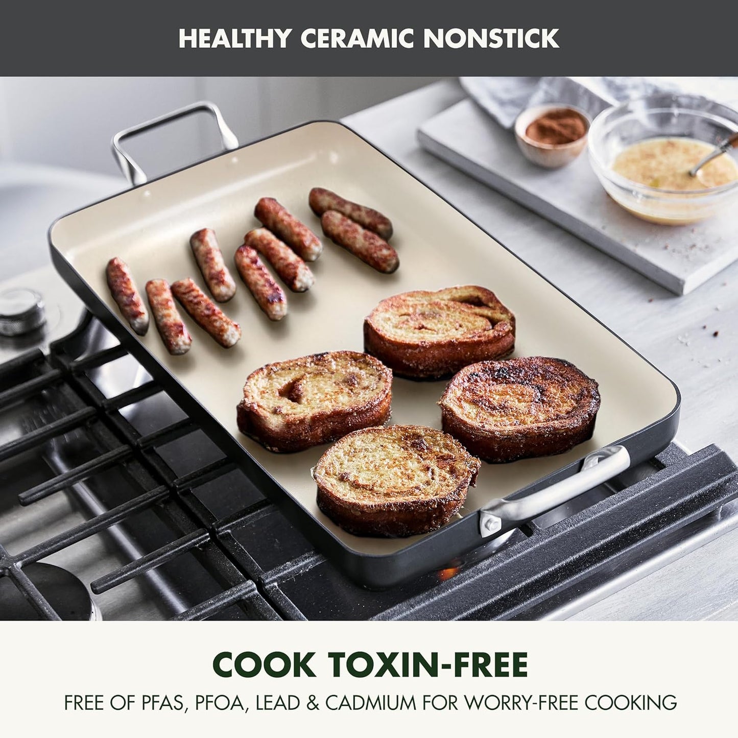 GreenPan 18" x 11" Double Burner Griddle Pan, Hard Anodized Healthy Ceramic Nonstick PFAS-Free, Stainless Steel Handles, Stovetop Cooking, Dishwasher Safe, Oven & Broiler Safe Cookware, Black