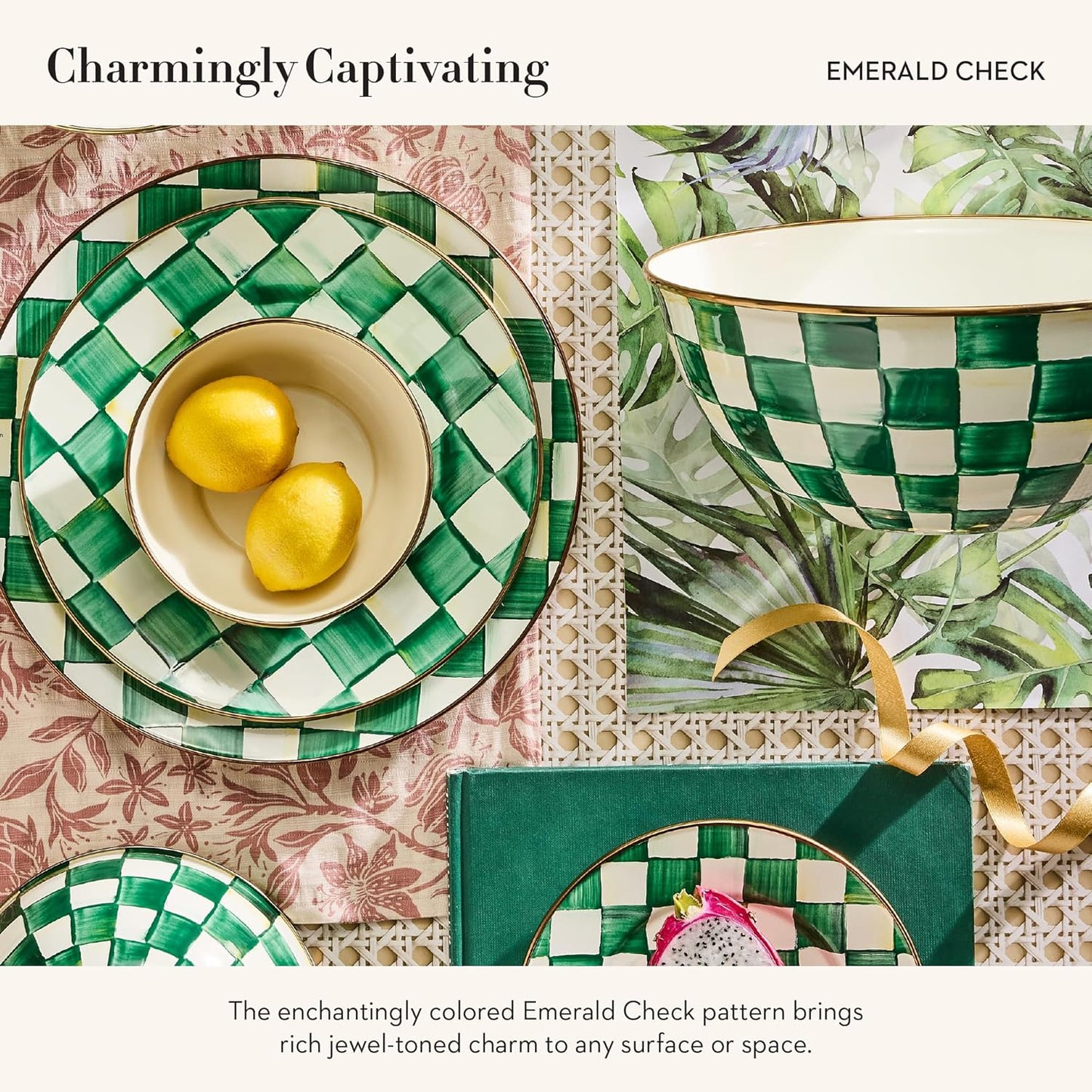 MACKENZIE-CHILDS Enamel Everyday Bowl, Serving Bowl for Entertaining, Medium, Green-and-White Emerald Check