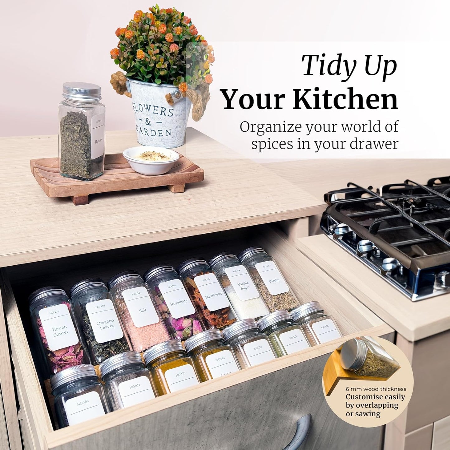 Spice Drawer Organizer with Jars and Labels, Bamboo Spice Rack For Drawer, Spice Organization For Cabinet Drawer, Spice Organizer For Drawer, Bamboo Drawer Organizer, Spice Organization For Drawer