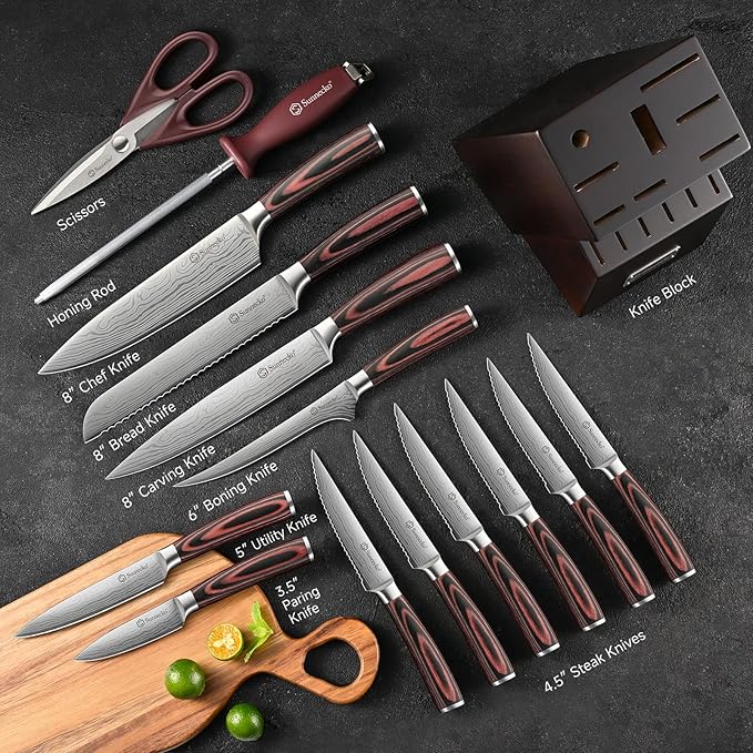 Sunnecko Knife Set with Block and Sharpener, 15 PCS Kitchen Knife Block Set Sharp Kitchen Knives High Carbon Stainless Steel with Pakkawood Handles