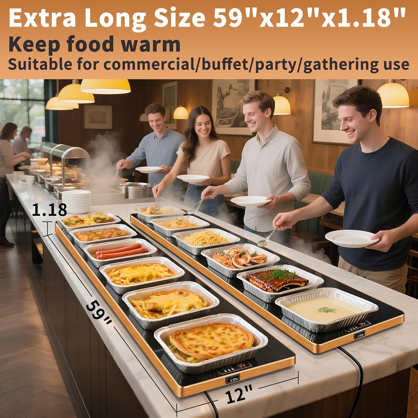 Electric Warming Tray (Extra Long 59”x12”)，Commercial Food Warmers for Parties Buffet & Gathering, Warming Mat for Food with Thermostat, Tempered Glass Food Warming Mat with Adjustable Temperature
