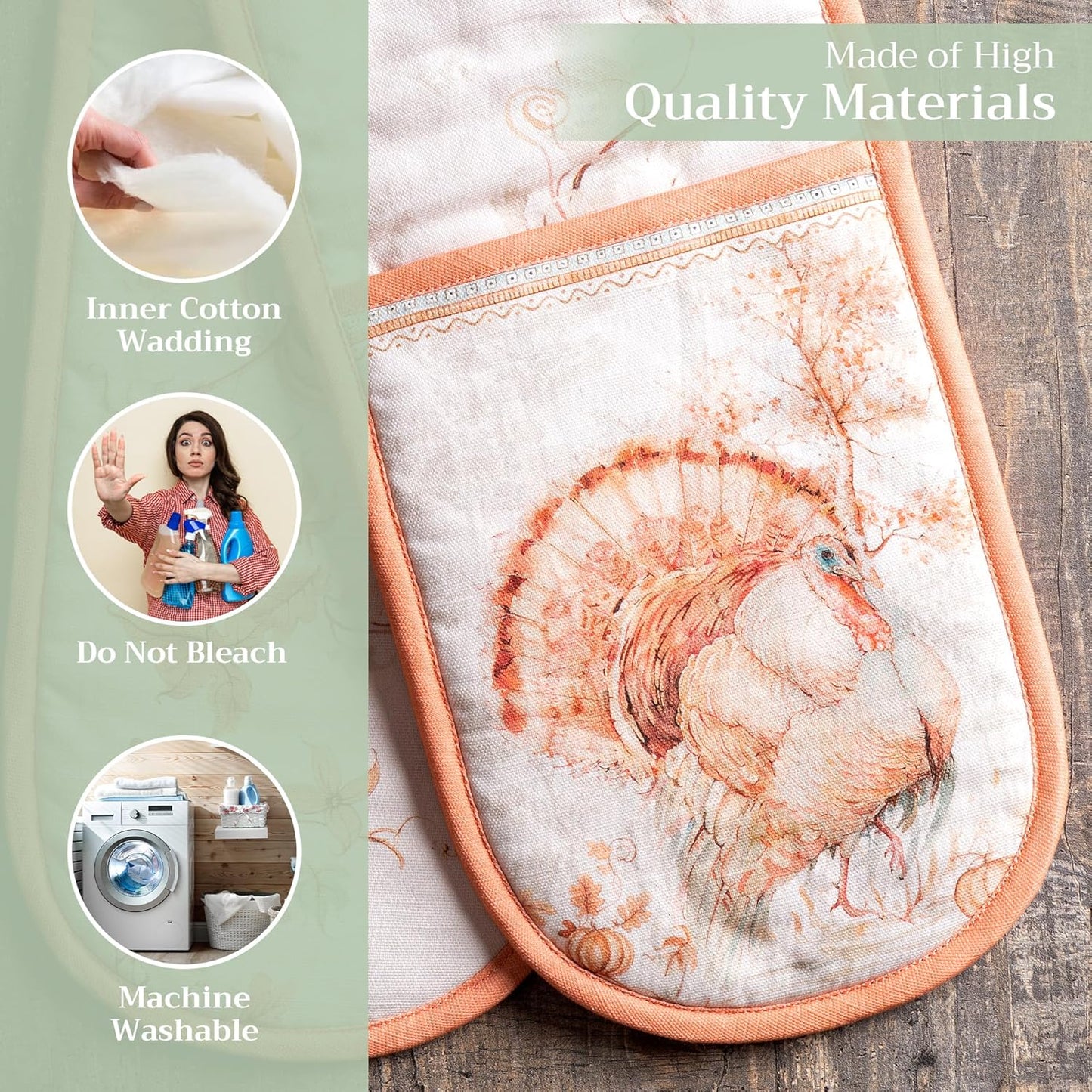 Maison d' Hermine Double Oven Mitts 100% Cotton 7"x35" Double Oven Mitt Heat Resistant BBQ Cooking Gloves with Loop, Baking, Grilling, Home, Kitchen, Handling Hot Pans (Giving Thanks)