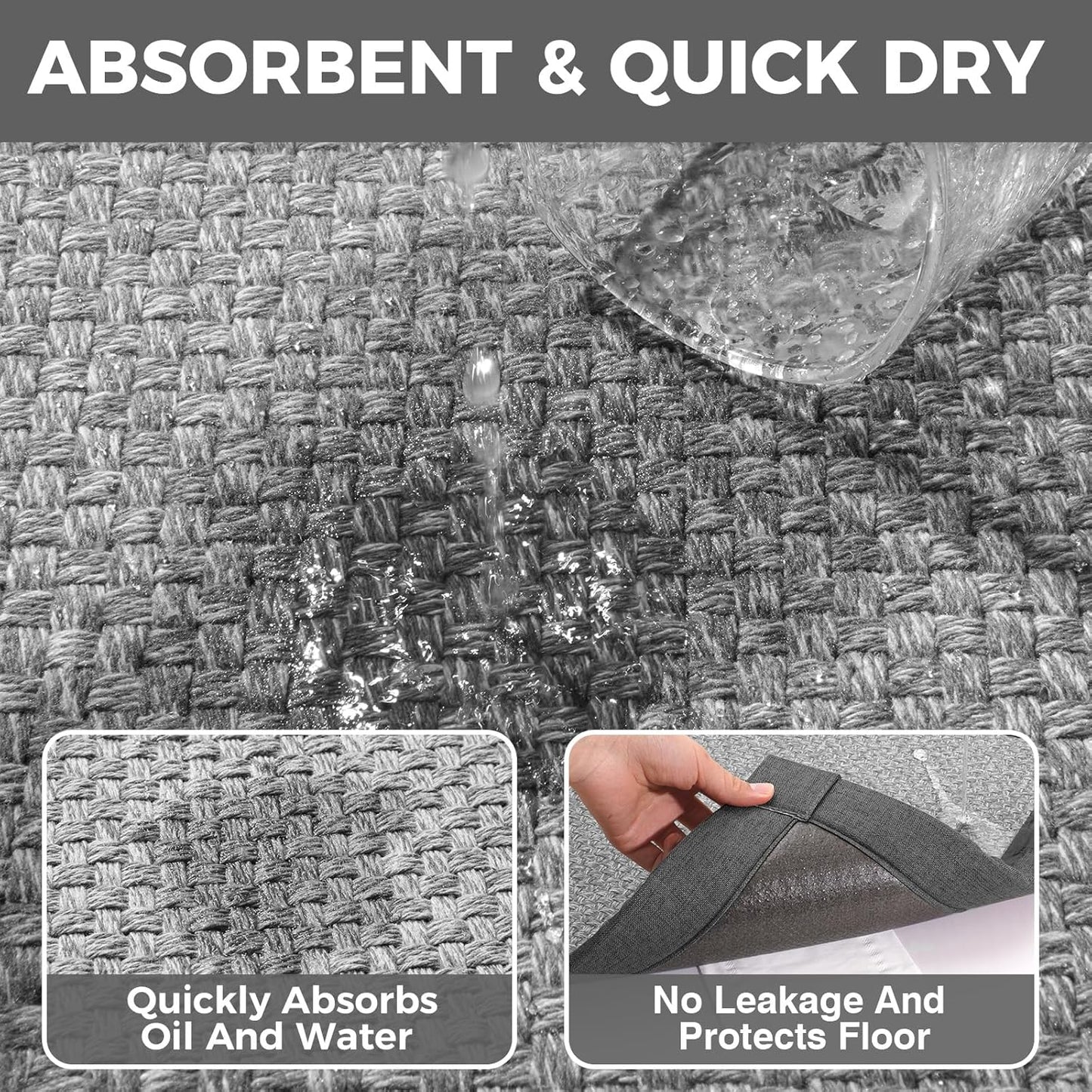 Kitchen Runner Rugs Non Slip Washable Anti Fatigue, 0.4" Thick Super Absorbent Cushioned Kitchen Mats for Floor Jute-Look Woven Sink Mat Standing Mat Office, Laundry, Easy Care, Gray 17"x59"