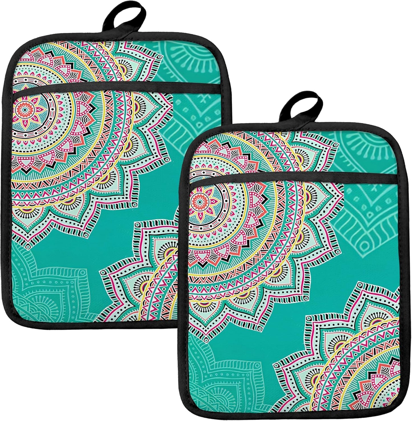 Turquoise Abstract Mandala Floral Pot Holders for Kitchen, Boho Colorful Ethnic Flower Botanical Heat Resistant Hot Pads and Oven Mitts for Baking Cooking，379 potholder