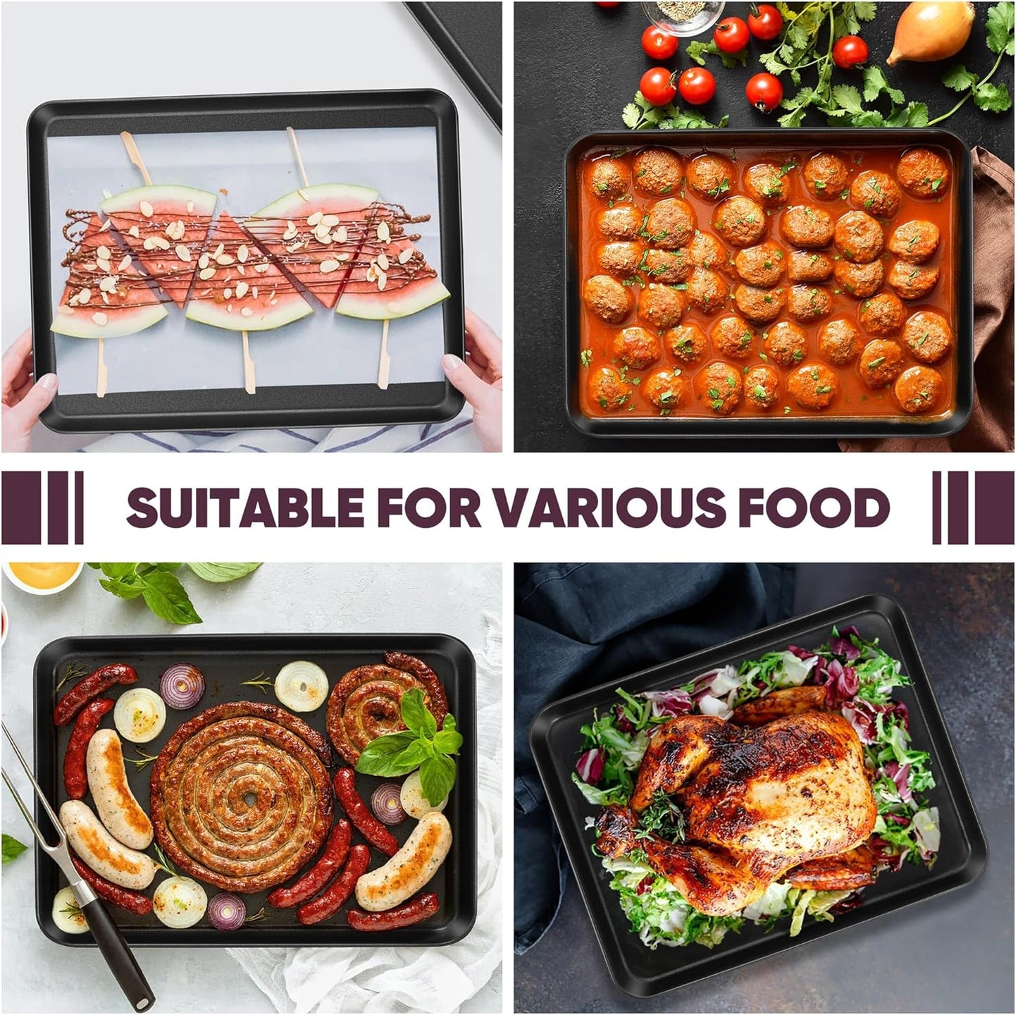 E-far Baking Sheet Set of 2, 12.5" x 9.5" x 1" Cookie Sheet Pan for Baking, Nonstick Carbon Steel Baking Trays for Oven, Heat-Resistant & Easy Clean, Black