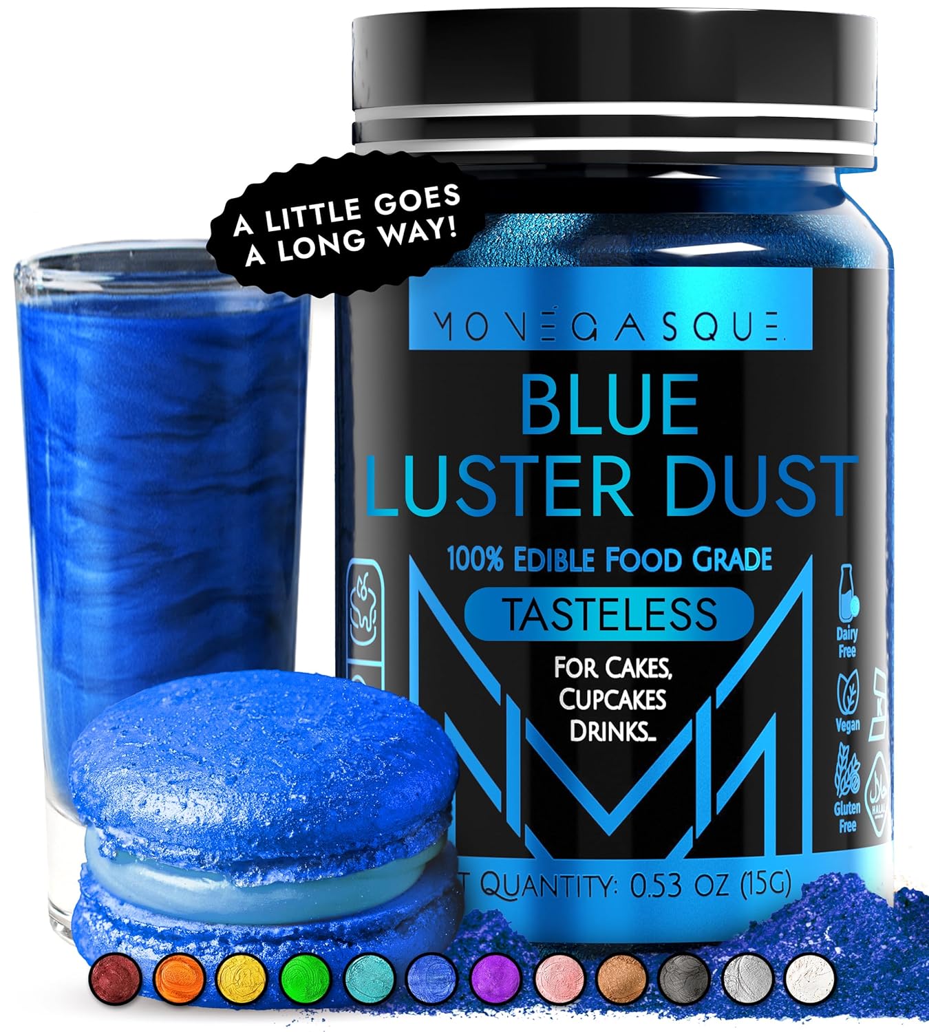 MONÉGASQUE Blue Edible Glitter for Drinks 15g – Halloween Edible Glitter for Cakes & Cocktails - Blue Luster Dust for Cocktail, Cake Decorating, & Food Spray - Strawberries & Drink Shimmer Decorations