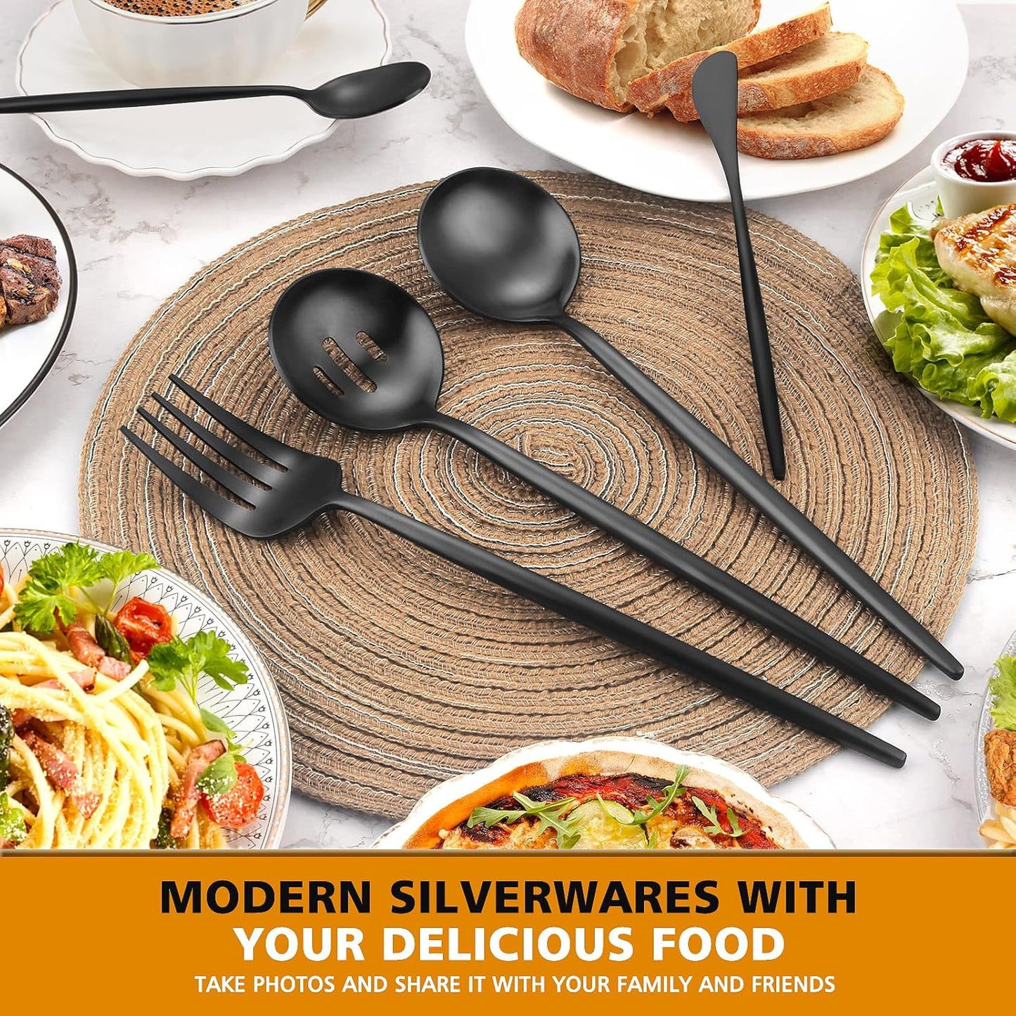 Matte Black Serving Set，Oliviola 5-Piece Stainless Steel Large Hostess Set with Round Edge, Satin Finished, Dishwasher Safe -Large Spoon, Large Fork,Butter Knife，Sugar Spoon & Slotted Spoon