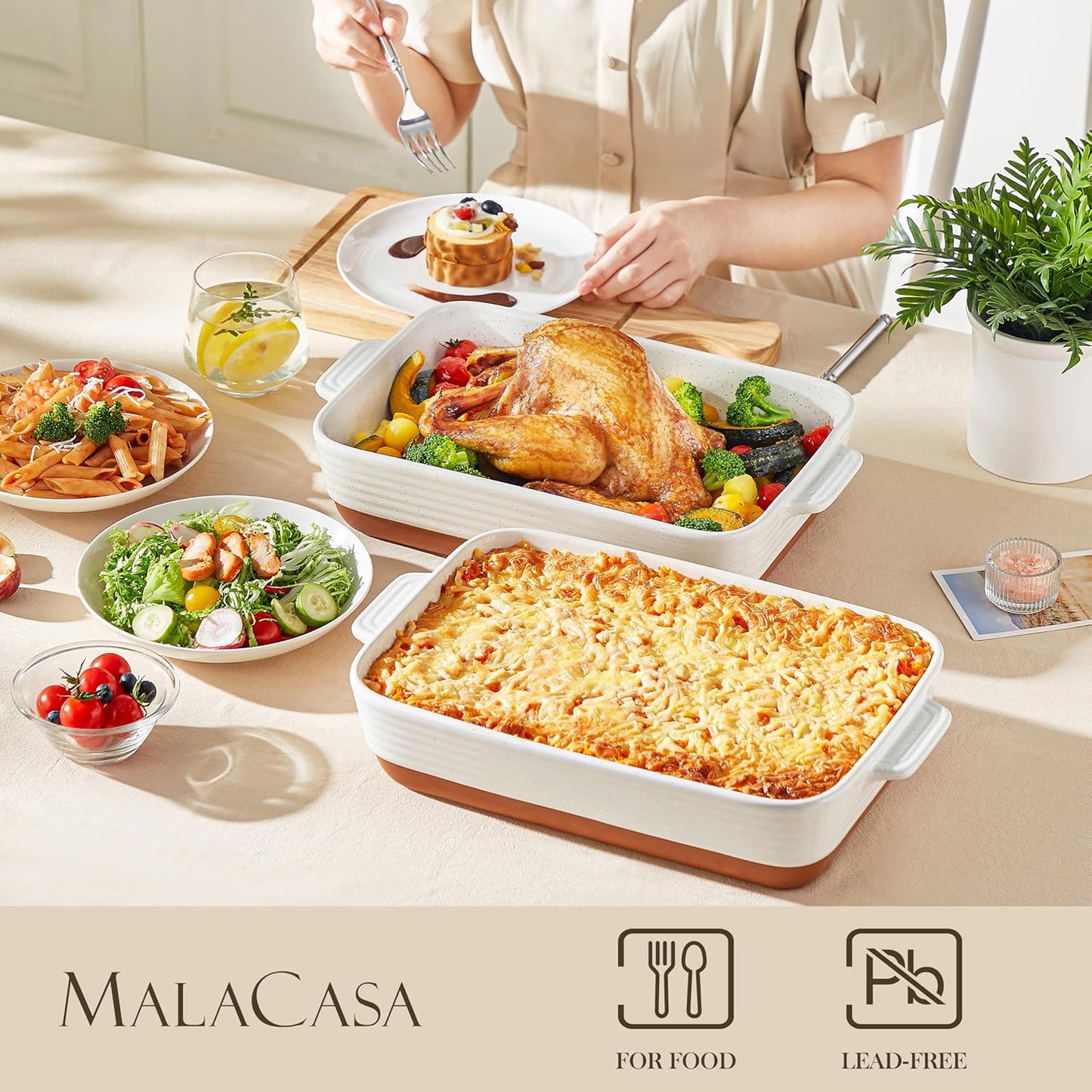 MALACASA Baking Dish 4.8 Qt Ceramic Casserole & Lasagna Pan, 9x13 Inch Deep Rectangular Oven Safe Dish with Handles for Baking, Roasting, Serving (Khaki & White) - Series Tara