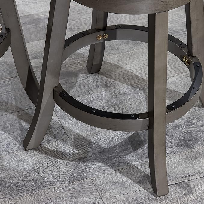 DTY Indoor Living Meeker 24 Inch Counter Height Bar Stools with Backs - Wooden Swivel Counter Stools for Kitchen Island - French Gray Leather Seat, Solid Wood Frame, Weathered Gray Finish