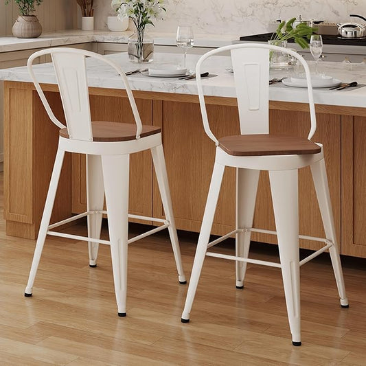 Aklaus Swivel Metal Bar Stools 24 inch Swivel Counter Height Barstools Set of 2 Modern Farmhouse Bar Chairs with High Backs and Large Wooden Seat for Kitchen Island Dining Room Cream White